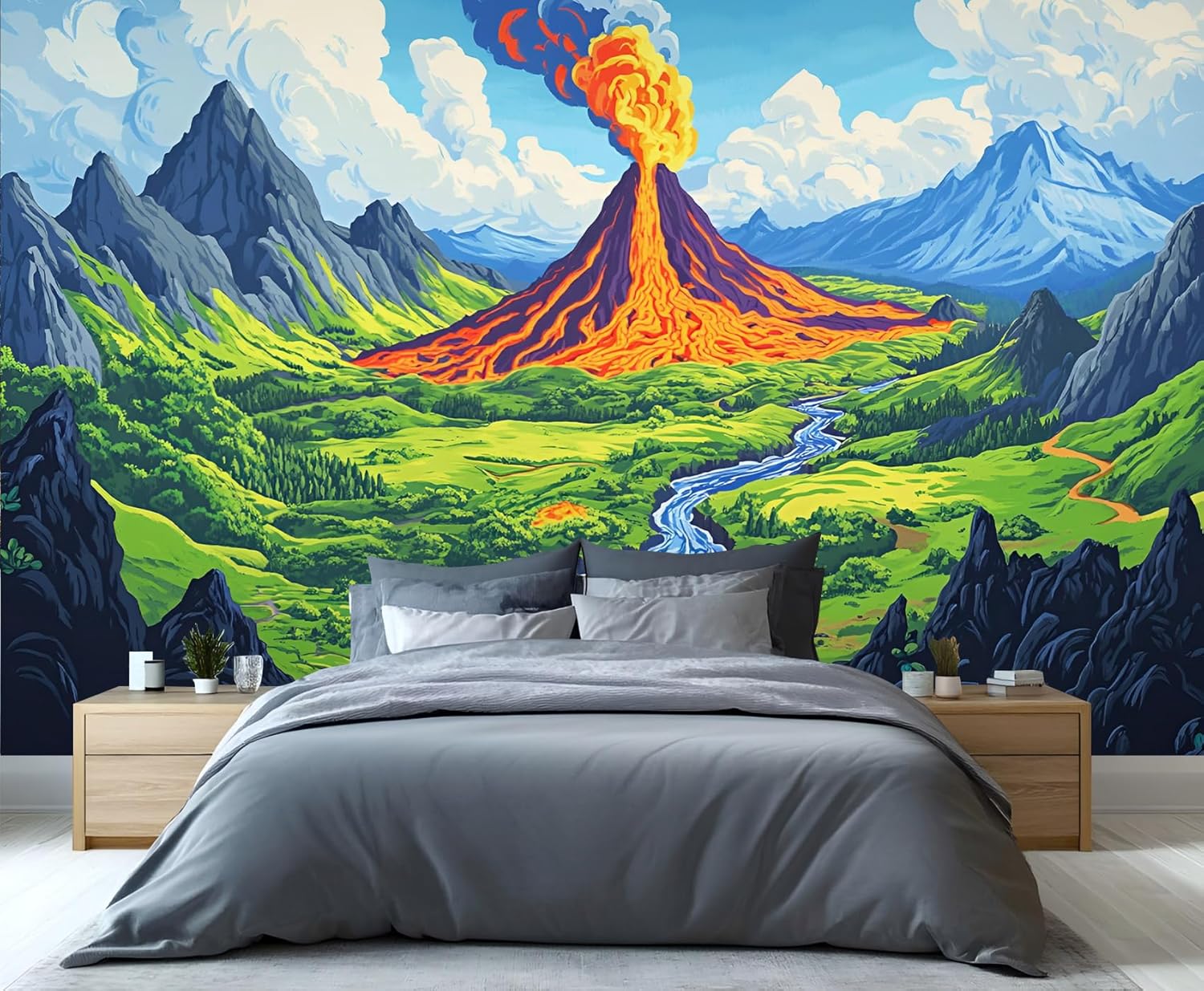 Volcano Wallpaper Mural - 79" x 79" Mural, Volcanic Lava Wallpaper for Living Room Bedroom, Natural Scenery Hd Photo, Watercolor Volcano Wall Mural for Kids Room (Not Peel and Stick)