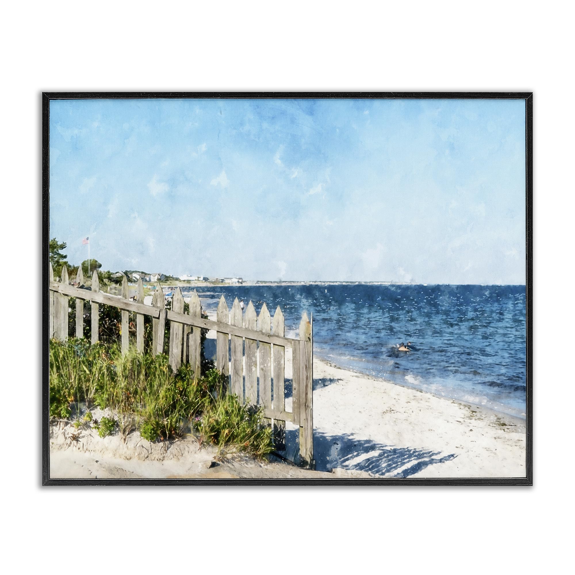Stupell Industries Midnight Black (Textured) Beach Pickets View Coastal Landscape, 16 X 20 Inch Framed Giclée Print