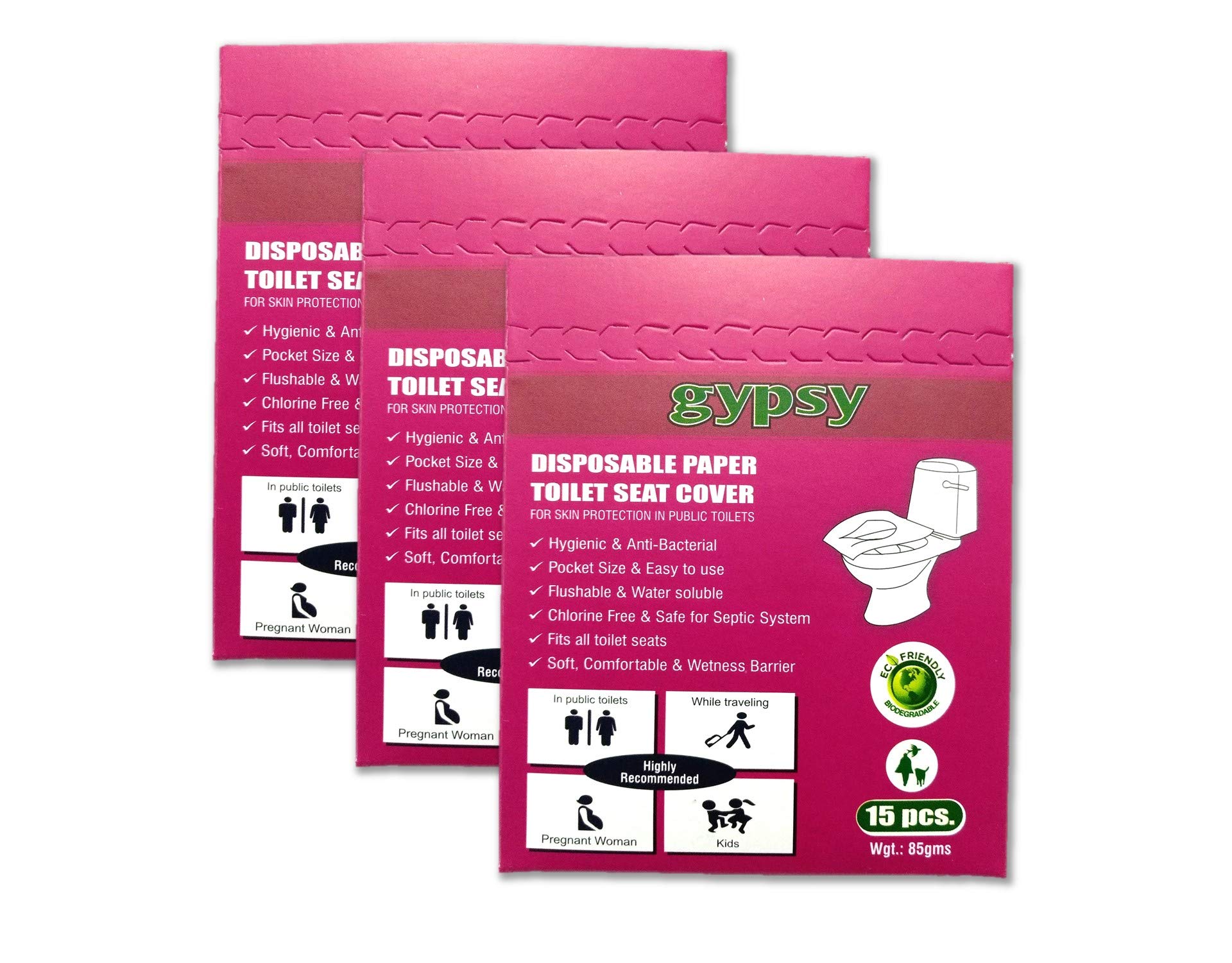 Gypsy Disposable Paper Toilet Seat Covers - 45 Flushable Toilet Seat Covers for Kids, Toddlers and Adults for Use During Travel, Potty Training and Many More (3 Packs,15 Each)