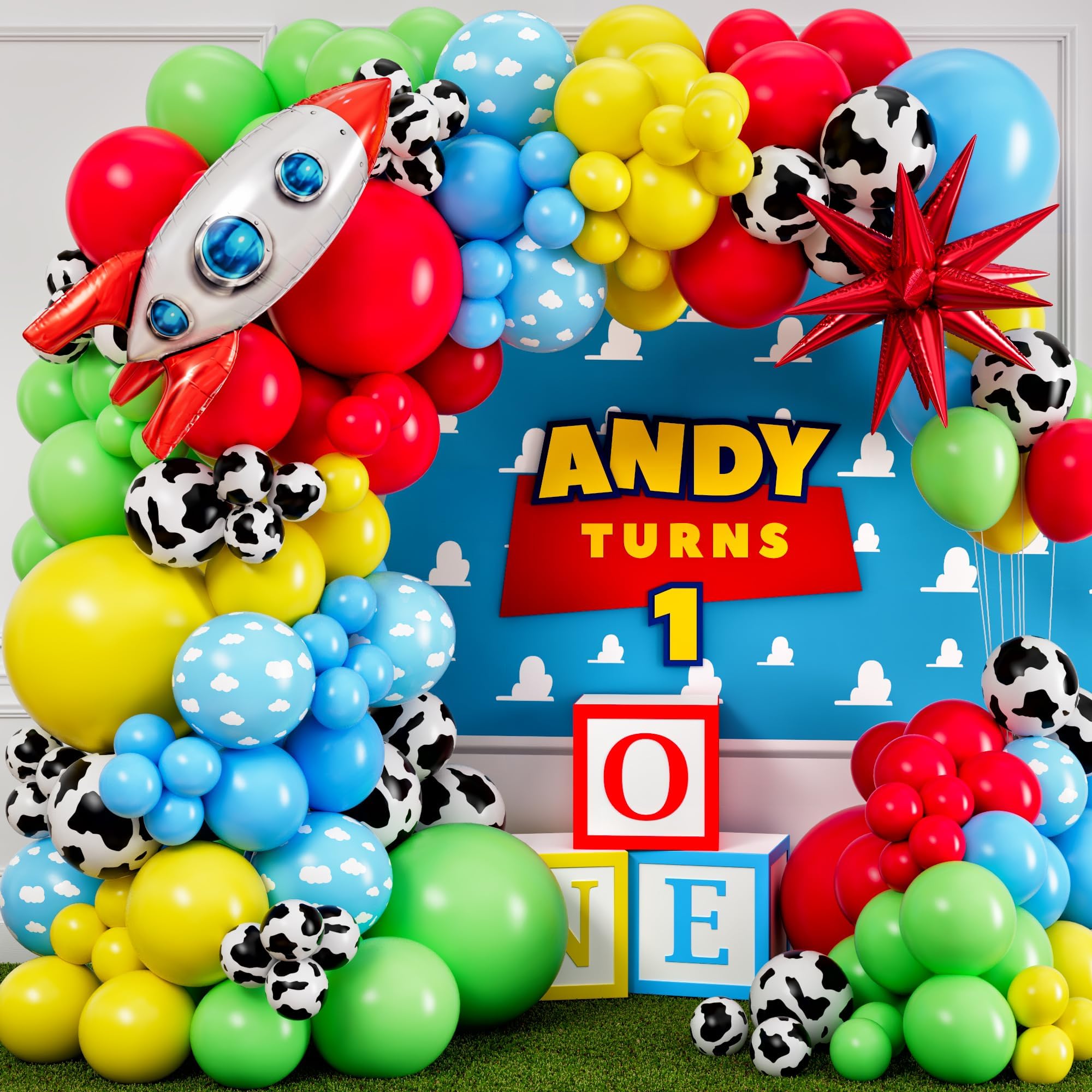 ALL-IN-1 Toy Inspired Story Balloons Arch Kit with BONUS Rocketship & Starburst balloons – Toy Balloons with Cloud & Cow for Boy Story Baby Shower