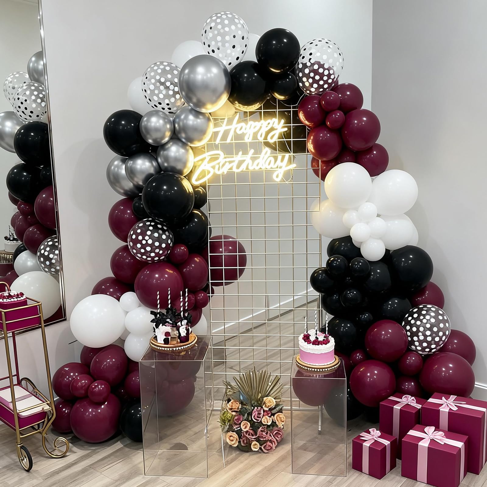 FunHot Kastanienbraune Luftballons, 50 Stück, Burgunderrot, Schwarz, 30,5 cm, Burgunderrot, Metallic-Silber, Konfetti-Latex-Luftballons für Geburtstag, Hochzeit, Babyparty, Brautparty, Abschlussfeier
