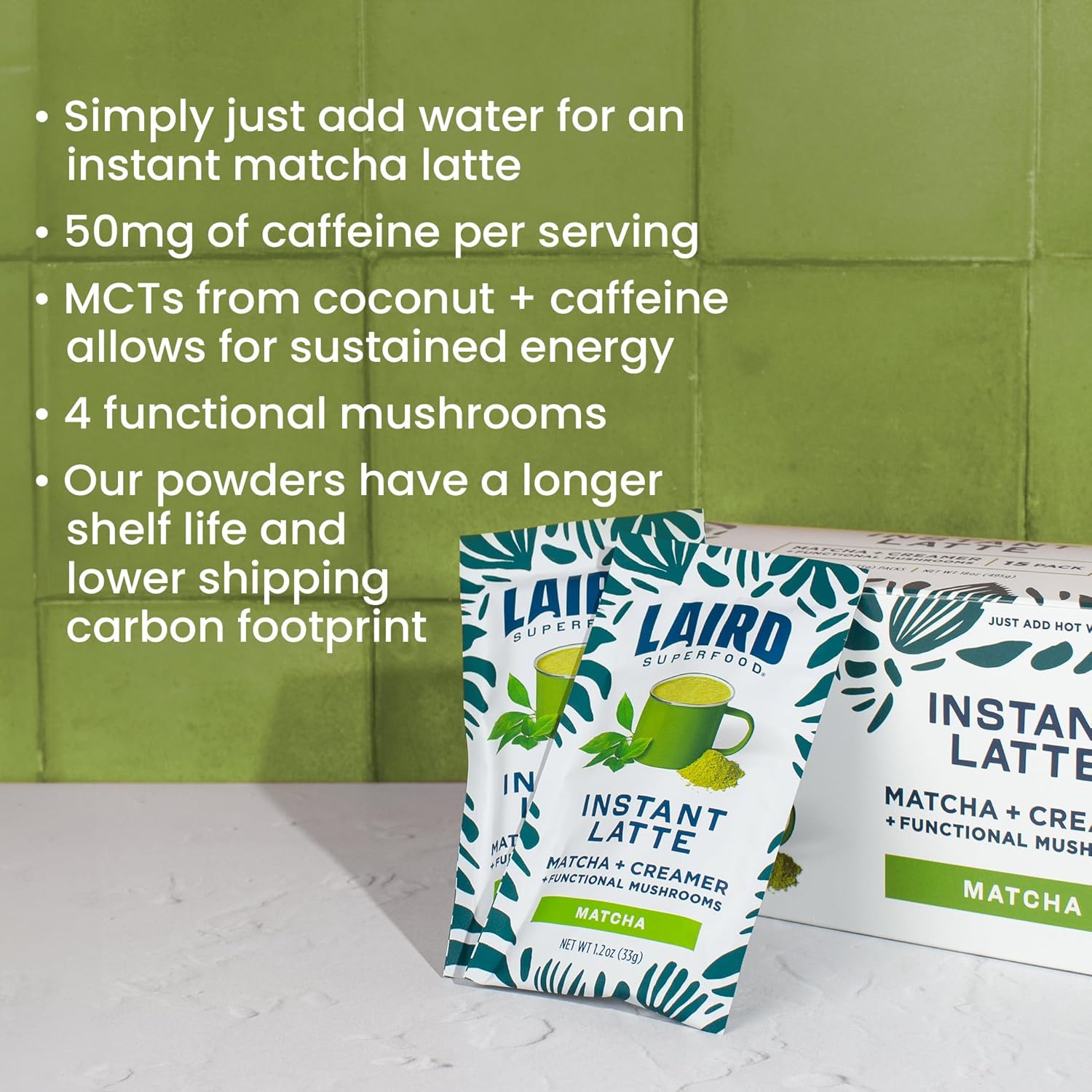 Laird Superfood Instant Latte Matcha, Non-Dairy, Superfood Creamer, Gluten Free, Non-GMO, Vegan, 15pk Sachets