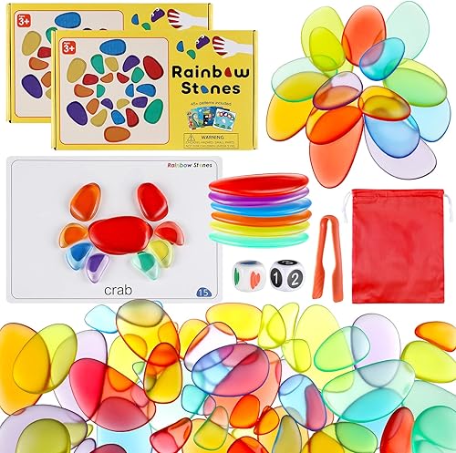 Wettarn Juego de 2 juegos de piedras de arco iris, juguetes educativos de apilamiento de arcoíris, bloques de gemas sensoriales, juego de