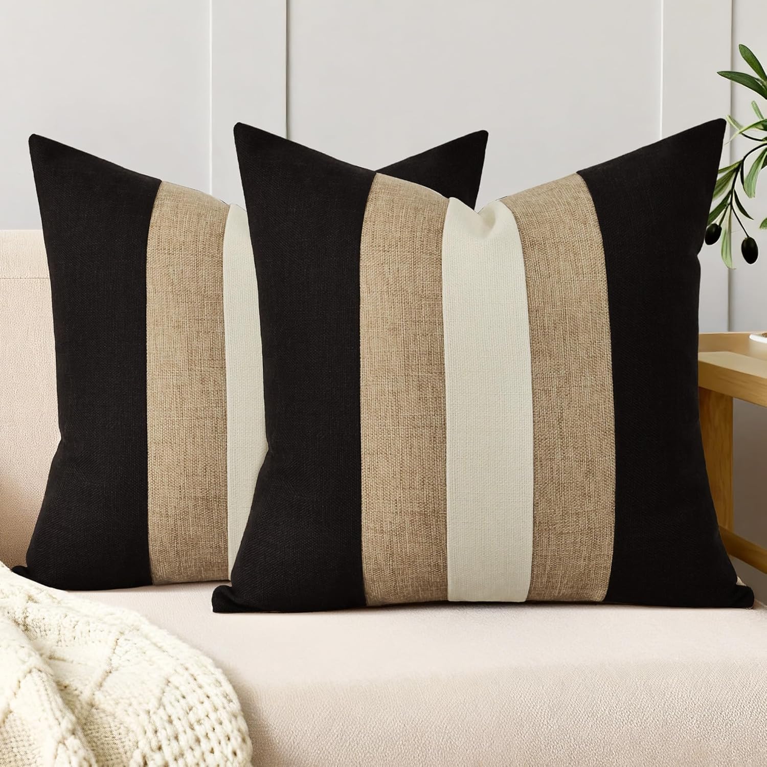 QoBexim Patchwork Pillow Covers 18x18 Inch Set of 2, Black and Khaki Linen Decorative Throw Pillow Covers, Farmhouse Modern Accent Square Cushion Cover for Couch Sofa Bed Home Decor