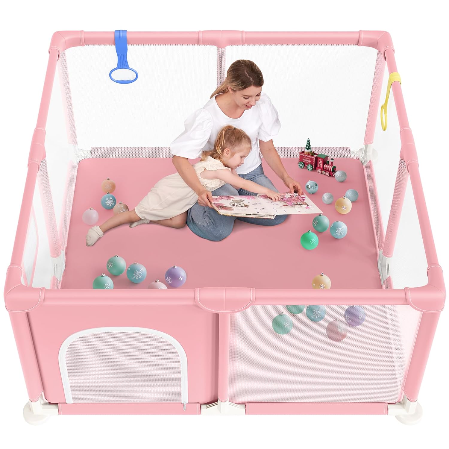 An adult and child interacting inside the spacious Dripex Baby Playpen.