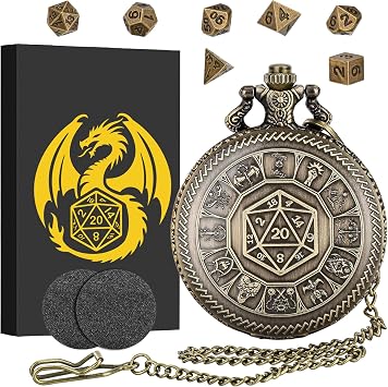 Mini DND Dice Set, Pocket Watch Case with Center Number Dice, 7 Piece Polyhedral Metal D&D Dice Set, DND Gifts with Gift Box, Role Playing Board Game Accessories, Bronze