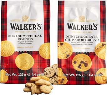 Shortbread Mini Rounds in All Butter and Chocolate Chips - Walkers Shortbread Biscuits 2 x 125g Suitable for Vegetarians and Kosher