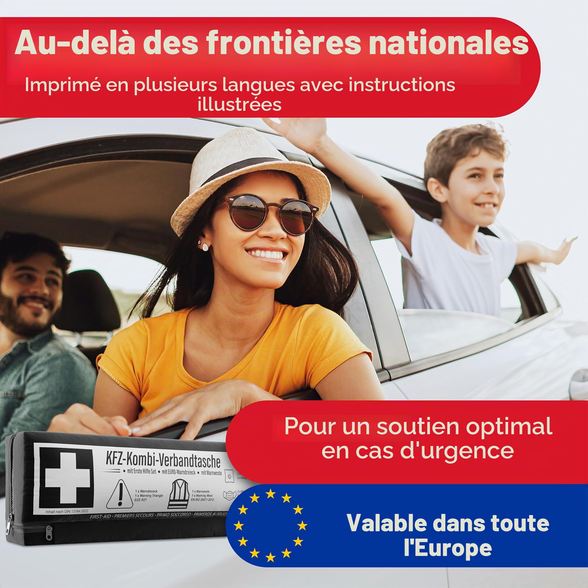 Sac combiné pour voiture (3 en 1) selon la norme actuelle 2026 – Avec triangle de signalisation, gilet de signalisation, boîte de premiers secours, triangle de signalisation, boîte de premiers secours