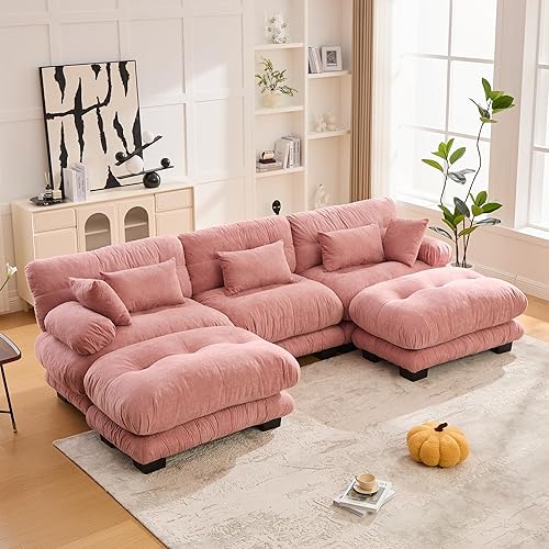 118" Modular Sectional Sofa with Removable Ottomans, 5 Seat Tufted Comfy Cloud Couch Set Thick Cushioned Oversized Sectional Couches for Living Room, Modern Velvet Sleeper Deep Seat (Hot Pink)