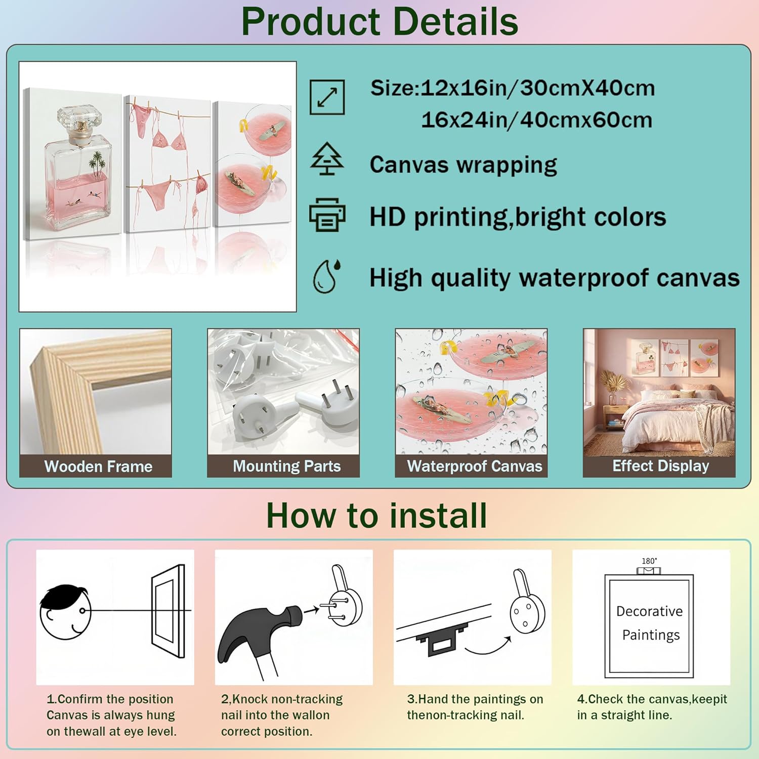 FTQYQLD Surreal Beach Life Canvas Wall Art Set of 3 - Perfume Bottle Bikini Cocktail Glass Tropical Decor Prints for Bedroom Bathroom Living Room, 12x16in