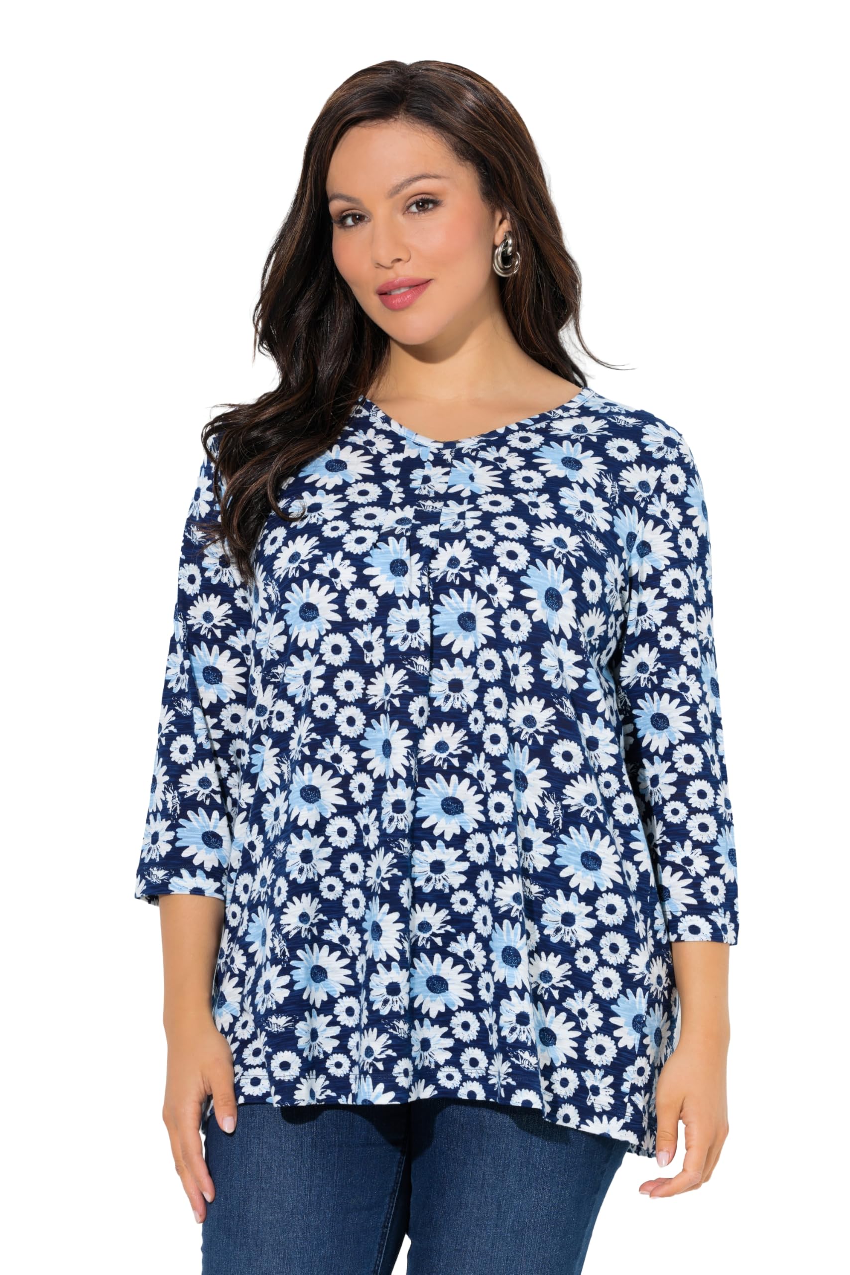 Ulla Popken Damen große Größen Übergrößen Plus Size Shirt, Blüten, A-Linie, Zierfalten, V-Ausschnitt, 3/4-Arm 845809