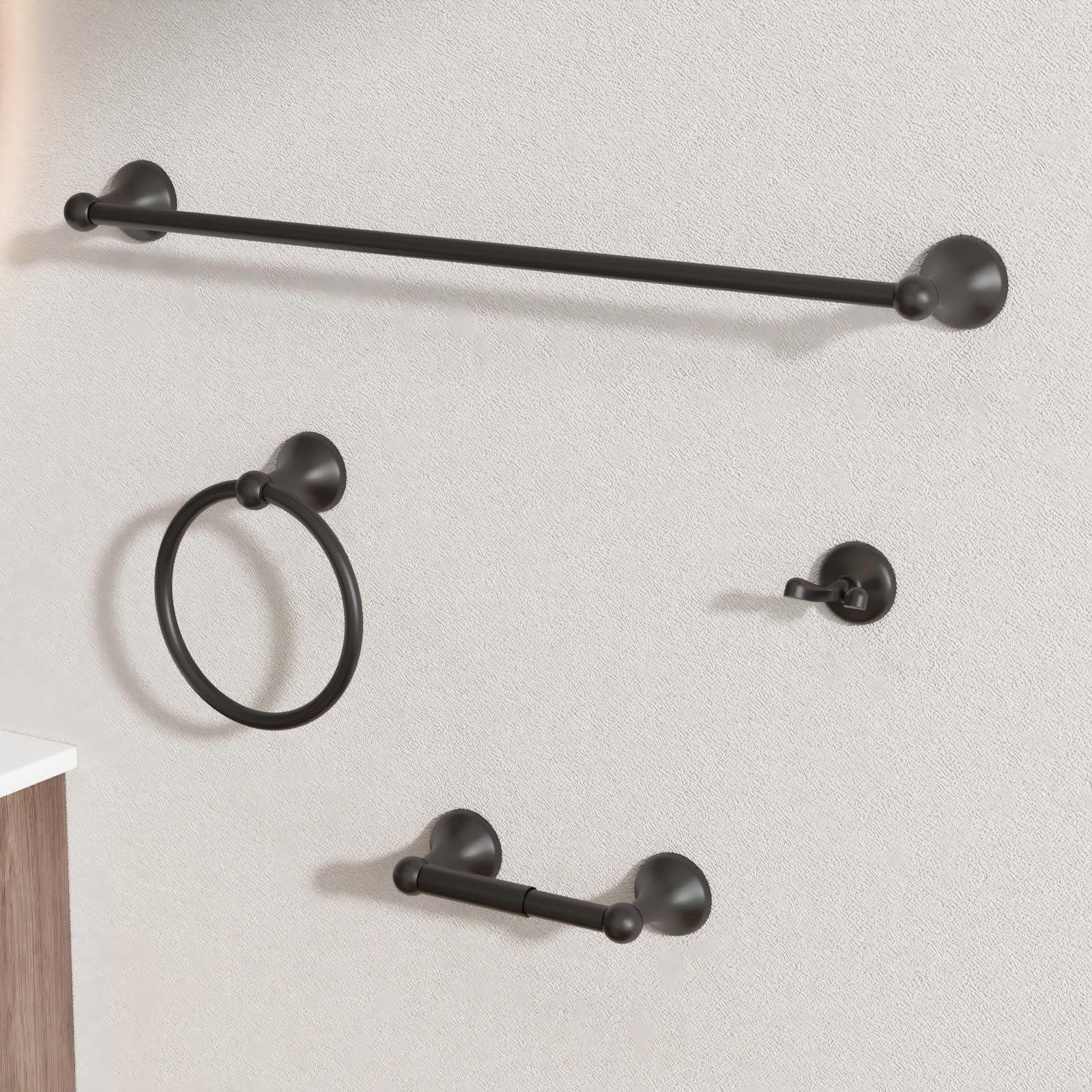 Bgl Matte Black Bathroom Accessory Set, Adjustable Expandable Towel Bar 4-Piece Bathroom Hardware Set Wall Mounted Robe Hook Toilet Paper Holder Towel Ring Towel Bar
