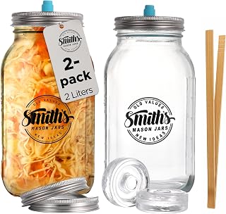 Smiths Mason Jars Fermentierglas 2L - 2er-Pack Fermentiergläser – Fermentierglas mit gärventil für Kimchi, Sauerkraut, Pickles & Sauerteigstarter– Fermentierset - Fermentationsglas Kimchi Behälter