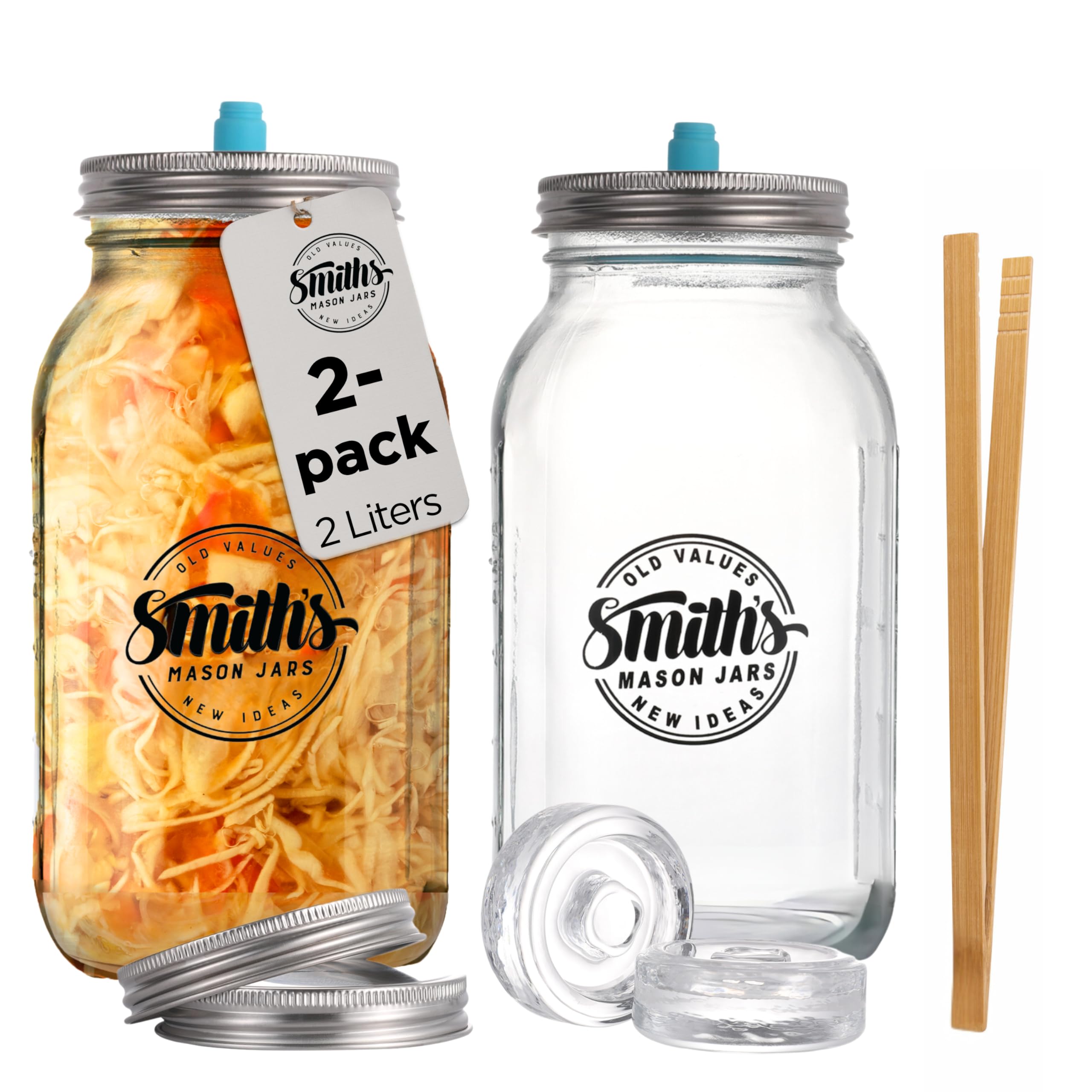 Smiths Mason Jars Bocaux 2-Pack 2L Fermenting Clear Glass Jars with wooden clip, weights and 2pcs Lids - Ideal for Kimchi Storage, Pickles and Storage of your Favorite Snacks