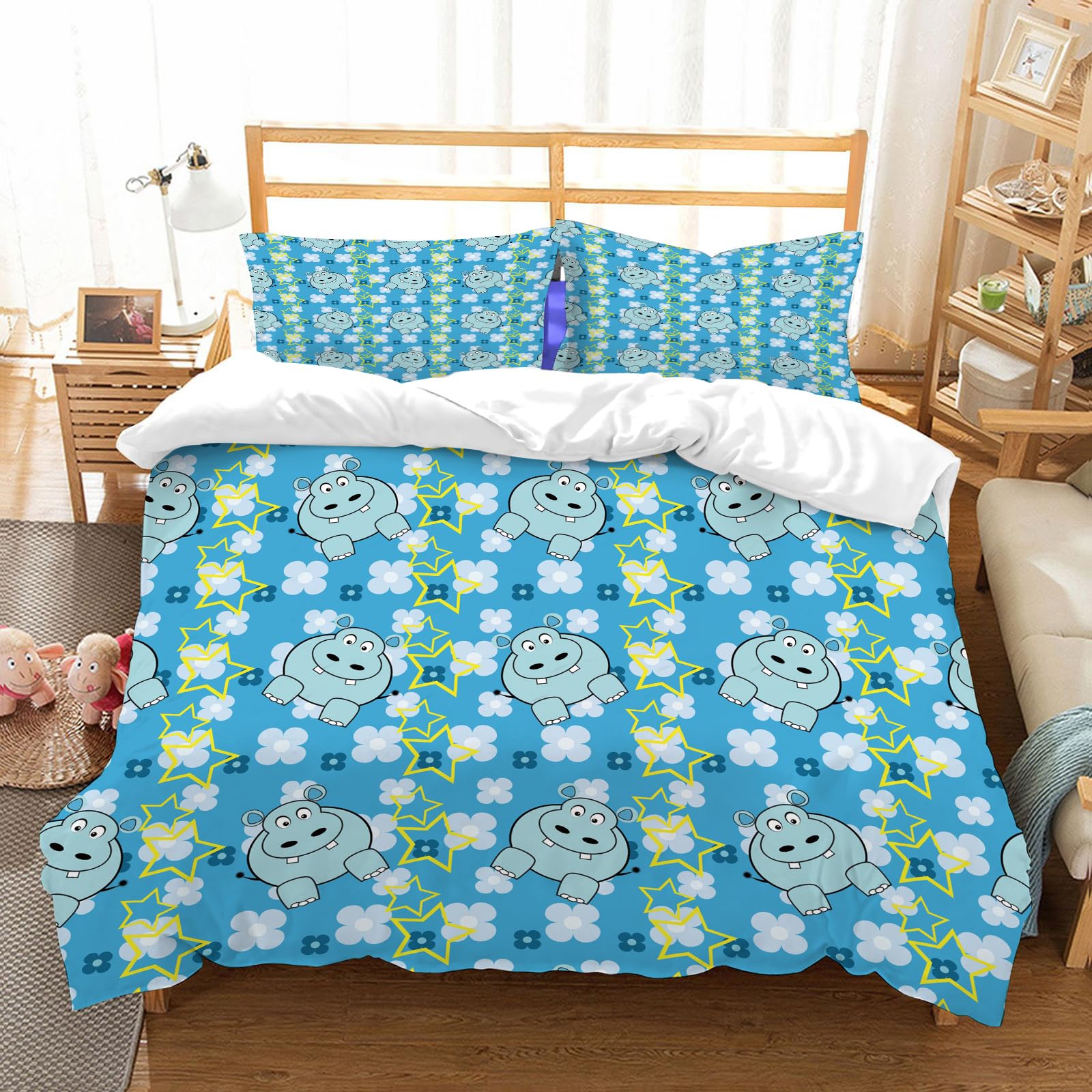 Parure de lit hippopotame 178x208 en microfibre pour chambre d'enfant