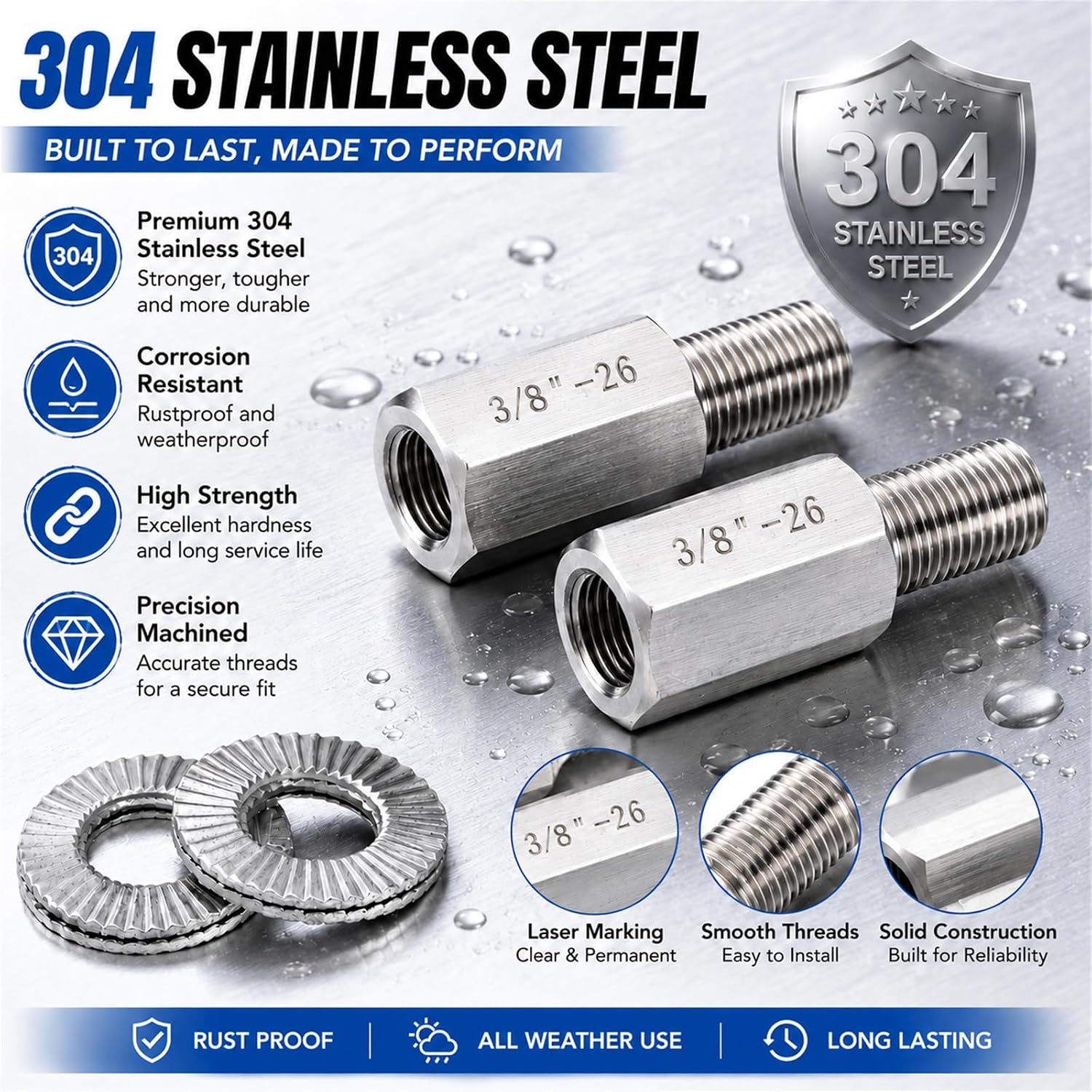 Jingzan Bicycle Axle Extenders for Training Wheels, 2 Pack 304 Stainless Steel Extension Bolts with Self-Locking Washers