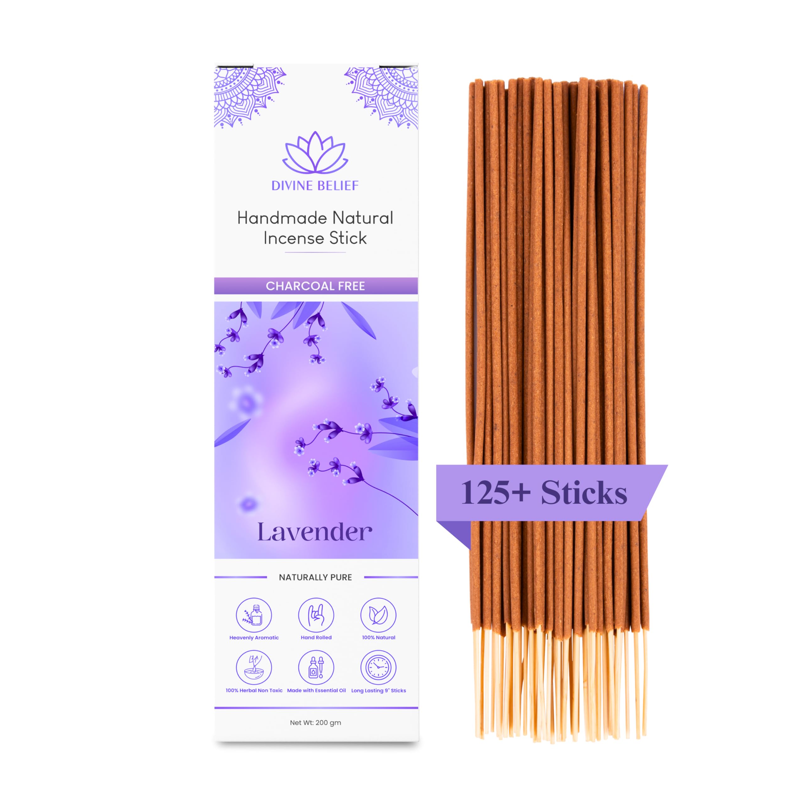 125 Sticks of Divine Belief Lavender Incense – 100% Natural, Handmade, Hand-Dipped – Organic and Charcoal Free incense sticks for Purification, Relaxation, Positivity, Yoga, and Meditation (200g)