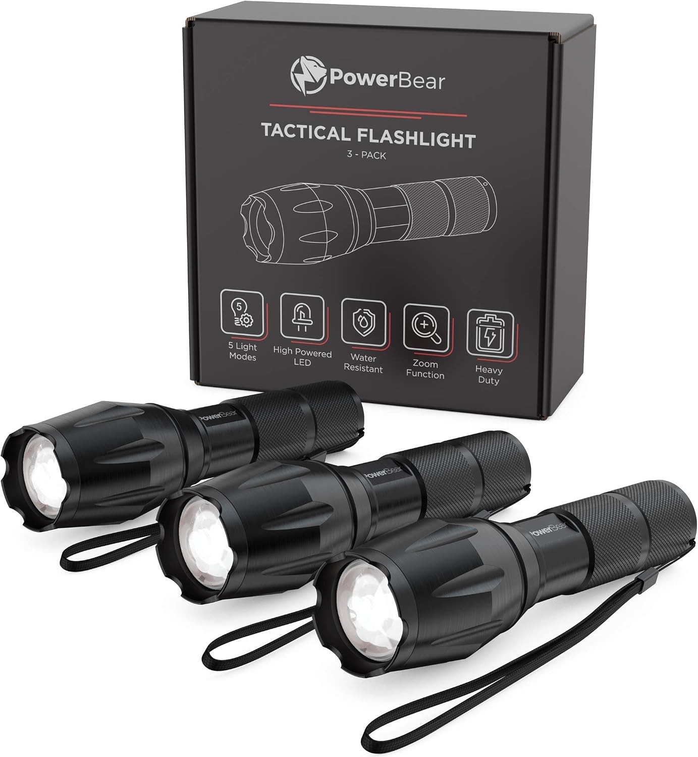 PowerBear LED Tactical Flashlight [3 Pack] Water Resistant with 5 Light Modes