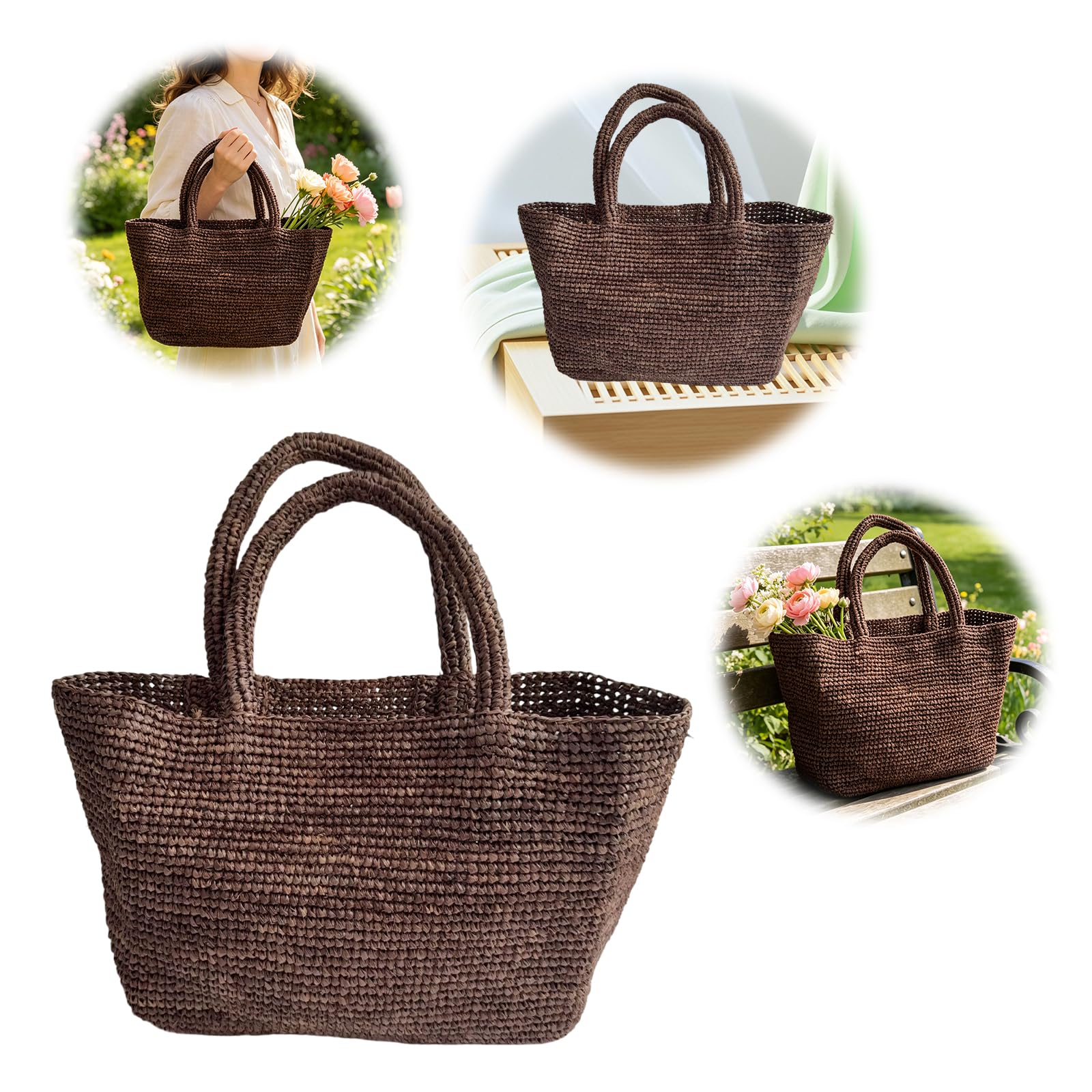Borsa da spiaggia intrecciata da donna in rafia fatta a mano | Borsa tote in rafia all'uncinetto, versatile per lavoro, viaggi e market, con comoda presa e tatto artigianale