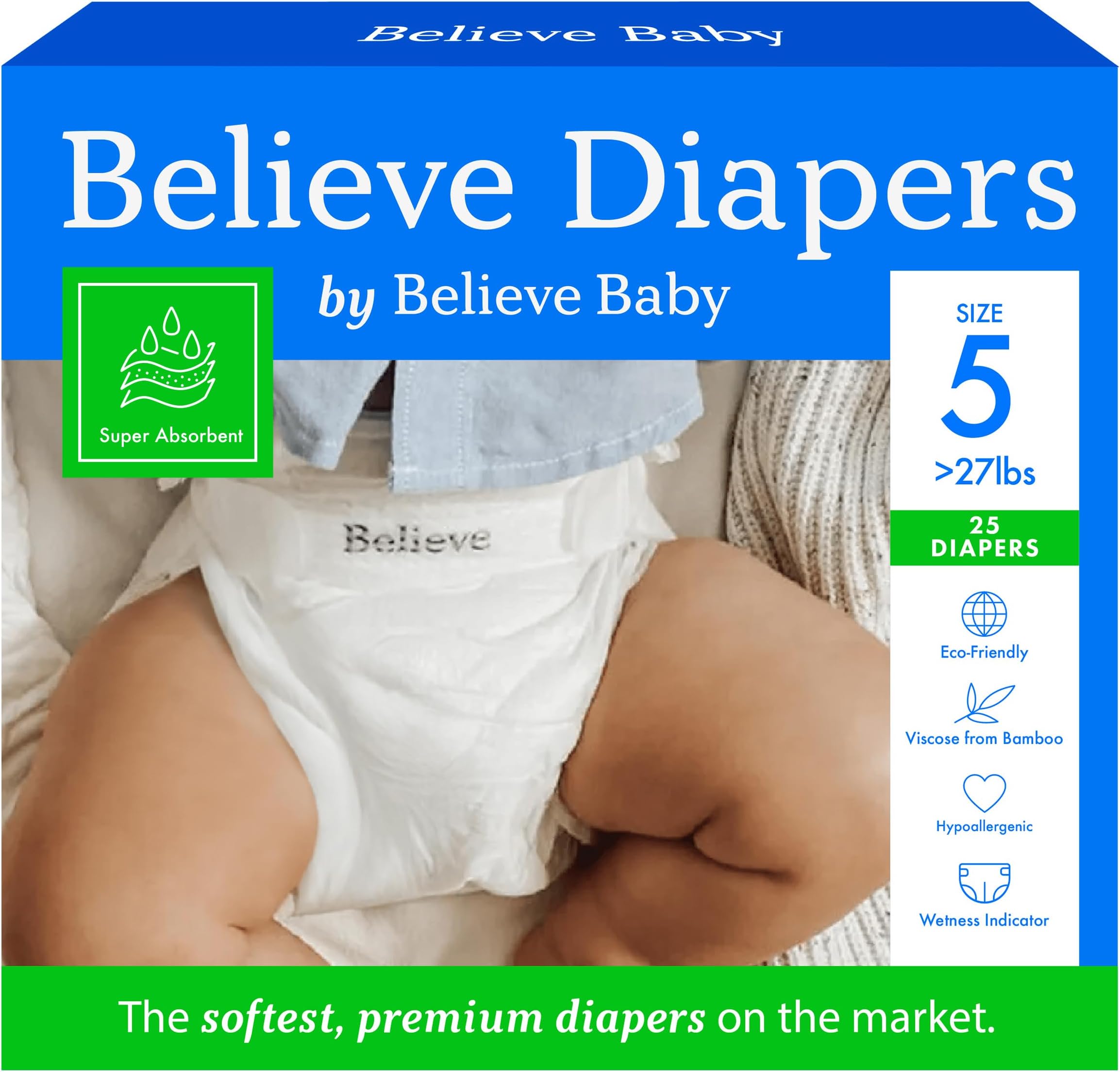 Believe Diapers Size 5 (>27 Lbs) Viscose Bamboo Diapers 25 Count – Natural Baby Diaper, Chemical Free and Fragrance Free Natural Diaper for Sensitive Skin, Super Absorbent with Leak Protection
