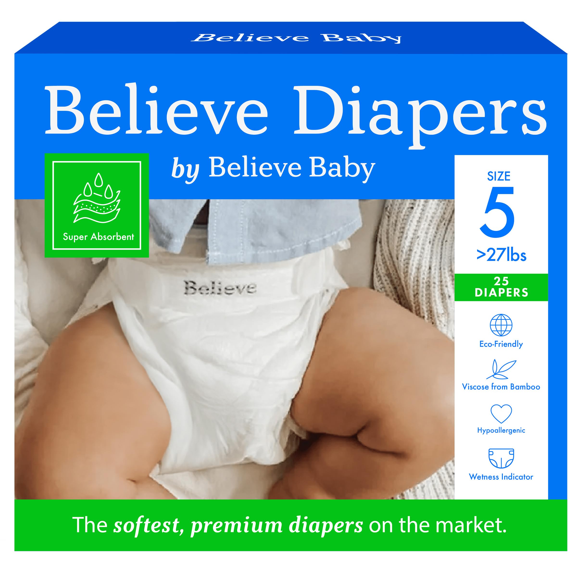 Believe Diapers Size 5 (>27 Lbs) Viscose Bamboo Diapers 25 Count – Natural Baby Diaper, Chemical Free and Fragrance Free Natural Diaper for Sensitive Skin, Super Absorbent with Leak Protection