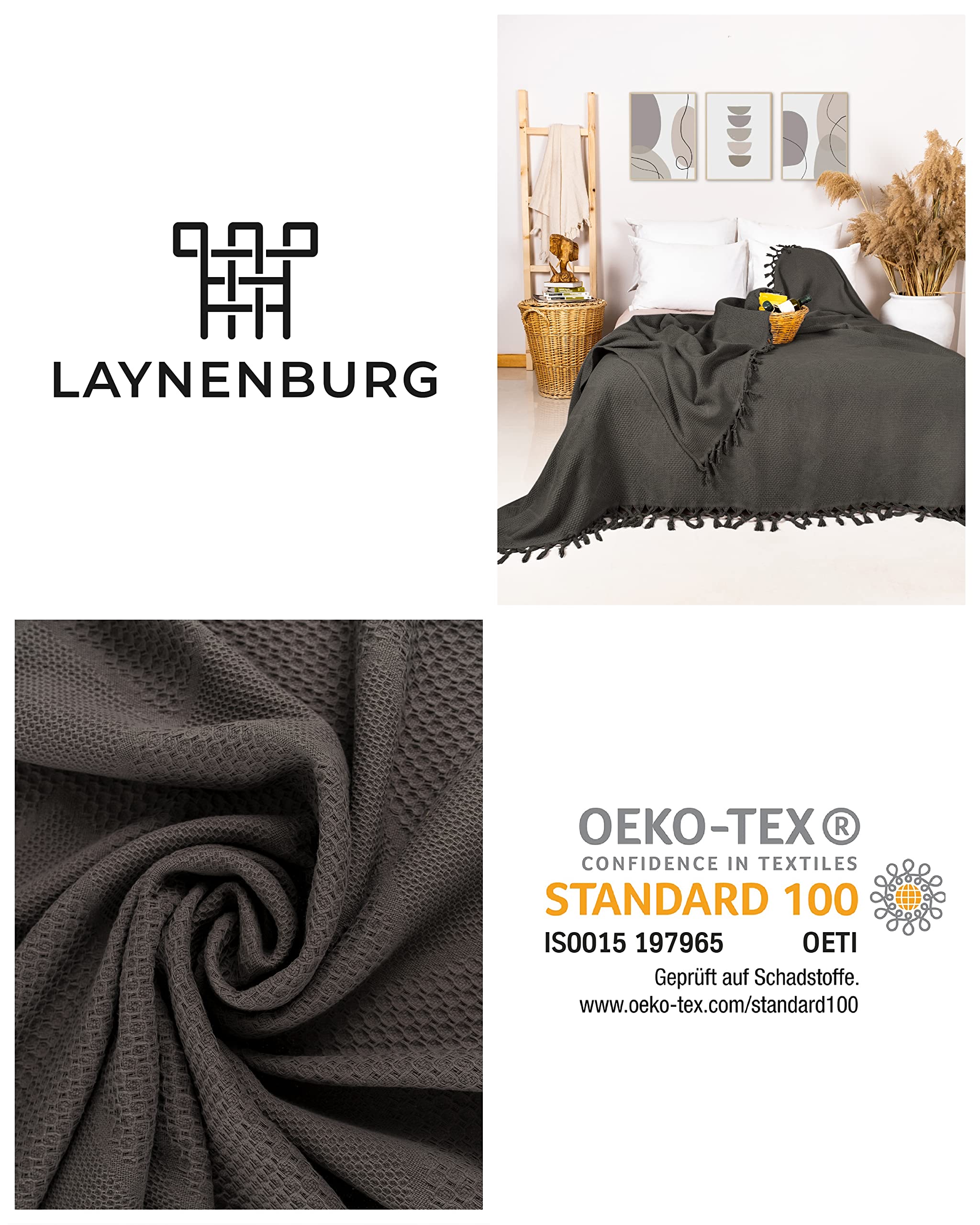 LAYNENBURG Premium Tagesdecke mit handgeknüpften Fransen - 100% Baumwolle - 200 x 220 cm XXL - Waffelpique Sommerdecke - Baumwolldecke als Bett-Überwurf, Couch-Überwurf & Sofa-Decke (Anthrazit)