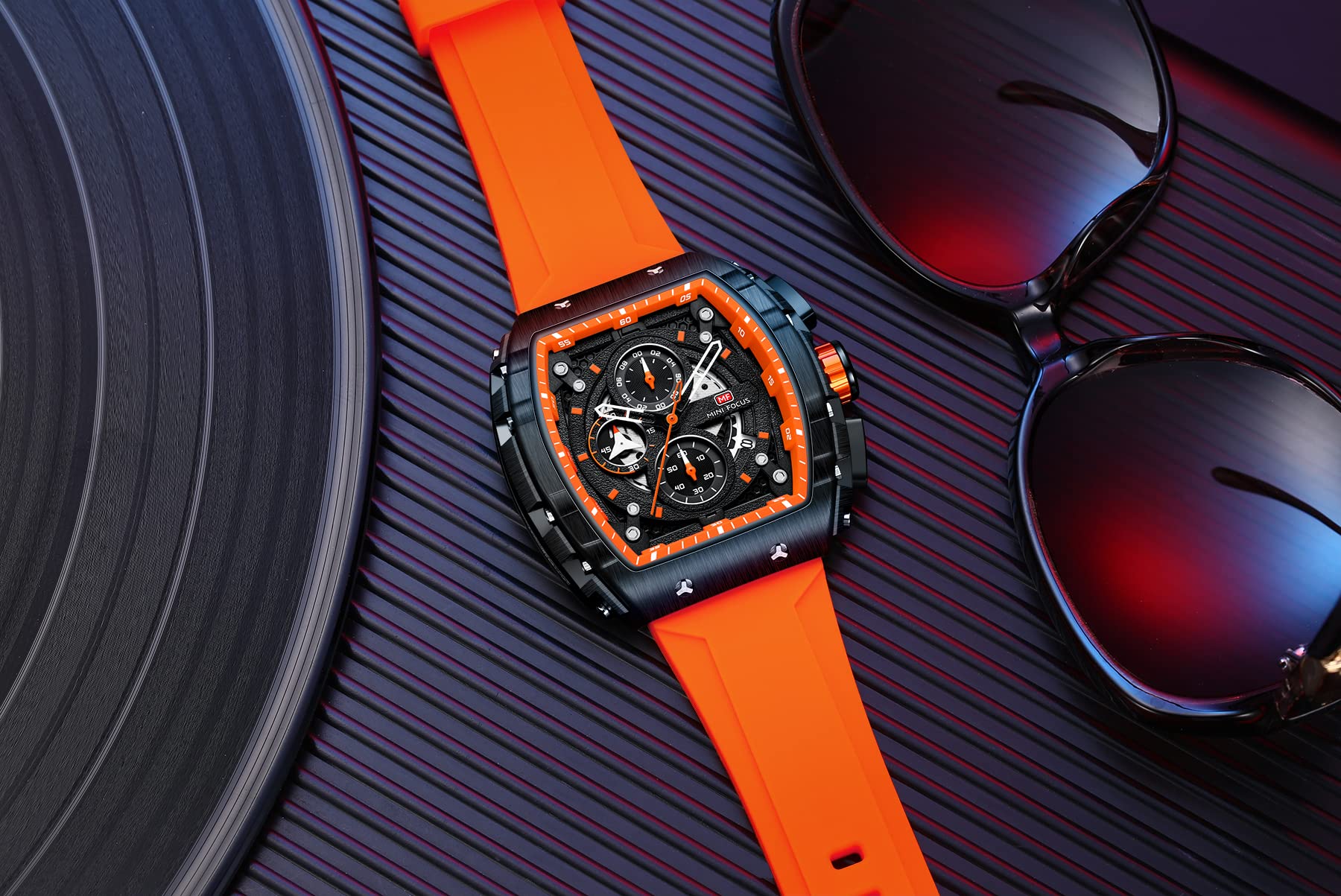 Mini Focus - Reloj cronógrafo único para hombre, estilo casual (hueco/impermeable/superluminoso/calendario), correa de silicona suave, reloj moderno para hombre