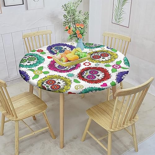 Miniatura 2 de Mantel redondo decorativo, con borde elástico, estampado del Día de los Muertos, mantel de poliéster con detalles de flora, cubierta de mesa de tela