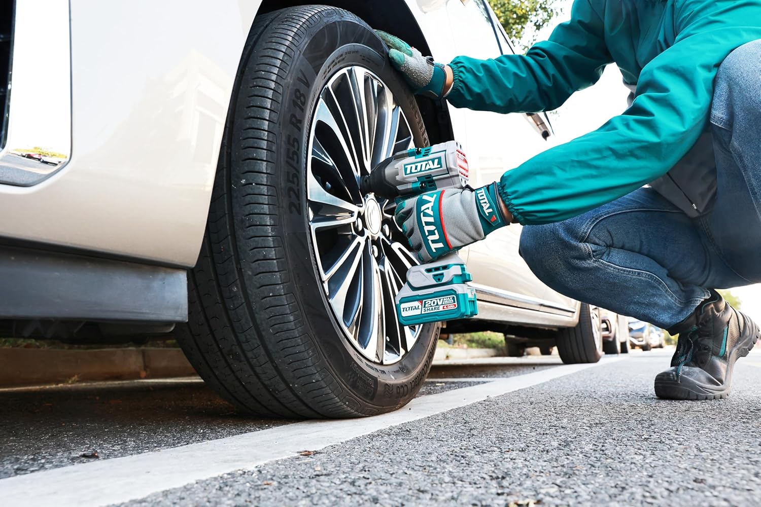 TOTAL 20V Cordless Brushless Impact Wrench TIWLI2085 with battery attached, ready for use.