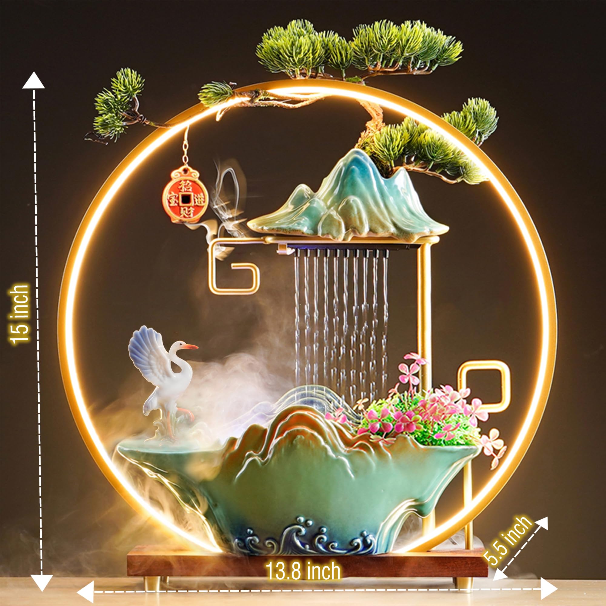 HSINYA Crane Tabletop Water Fountains Indoor Waterfall Desktop Fountain for Meditation with Mist Japanese Fountain with Fake Plants Feng Shui Office Home Decor for Good Luck Wealth (Crane)