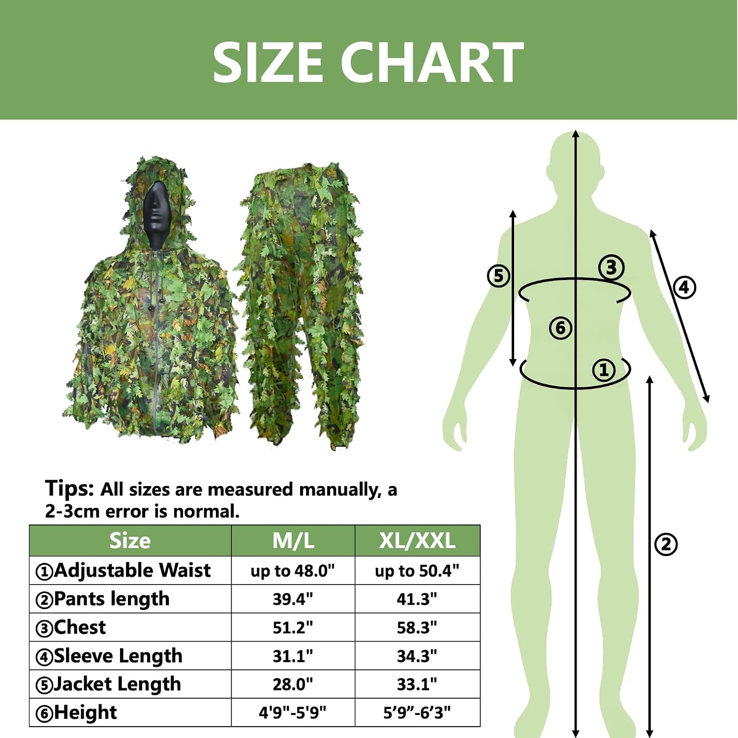 Leafy Camo Ghillie Suit for Men & Adults, Woodland 3D Camouflage Hunting Set with Jacket, Pants