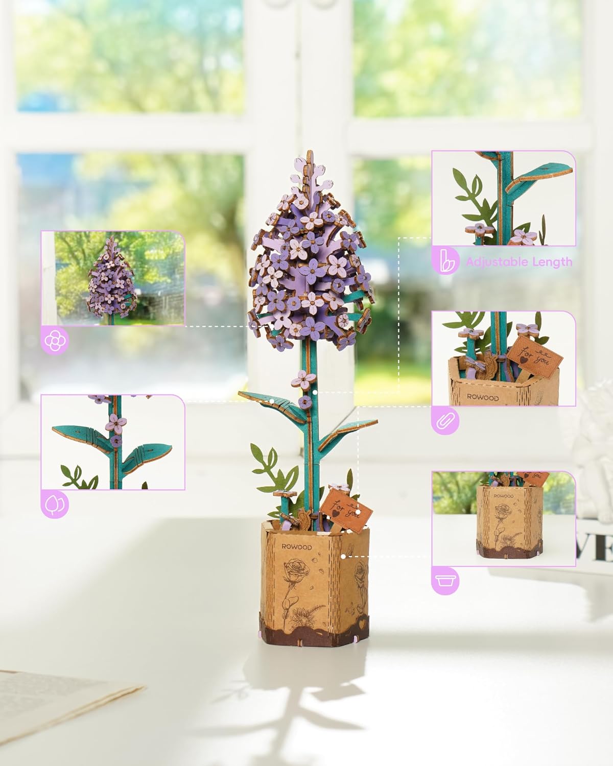 rowood 3D Puzzles for Adults,Mother's Day Wooden Artifical Flower Craft Kit,DIY Botanical Collection Building Toy Set,Valentine's Day/Thanksgiving Day/Christmas/Birthday Gift -Lilac image 4