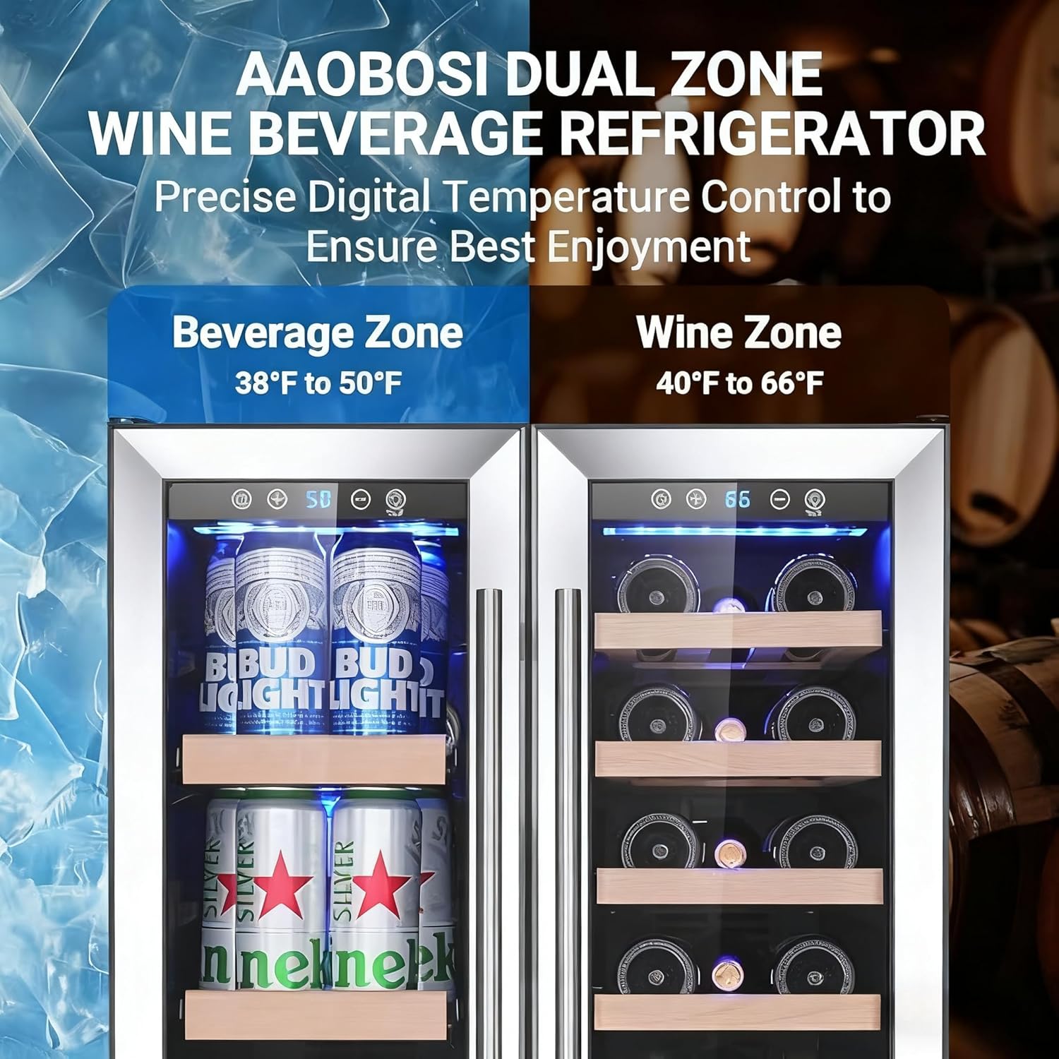 AAOBOSI Upgraded Dual Zone 24&30 Inch Wine and Beverage Cooler,Built-in and Freestanding,Removable FashionWoodenFrame,Intelligent Digital Temperatrue Control,Low Noise(2 Unit)