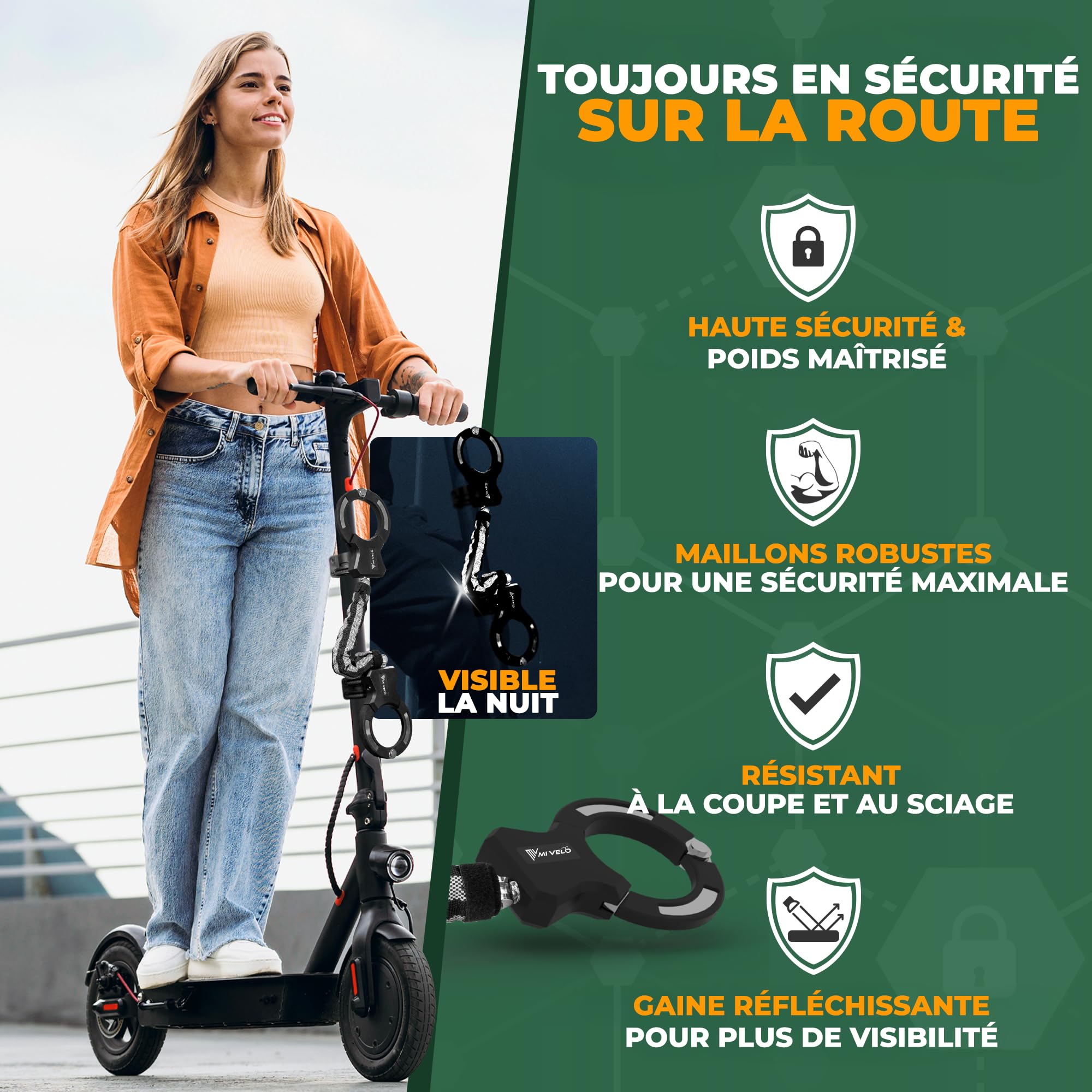 MIVELO Antivol de scooter électrique extra sûr - Cadenas à chaîne I Menottes pour scooter électrique I Haute sécurité - Avec support I Serrure E-Roller