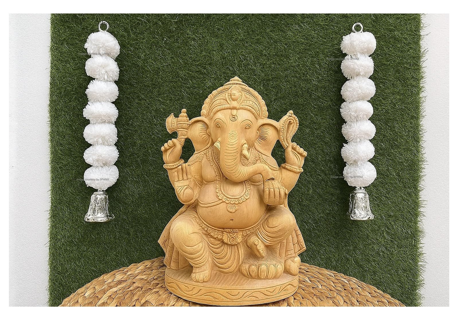 SPHINX Artificial Fluffy Marigold Garland with Golden/Silver Bells, 1.2 ft Latkan Toran for Decoration, Ganesh Chaturthi, Diwali, Door, Window, Backdrop, Pooja Room, Wedding Decor-White, 2 Pieces