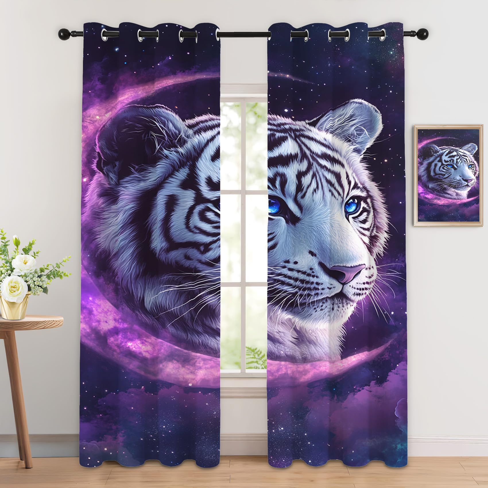Tiger Vorhänge Galaxie Sternenhimmel Mond Vorhang Blickdicht Gardinen 137 cm Hoch Verdunklungsvorhänge mit Ösen Thermovorhang für Wohnzimmer Schlafzimmer Kinderzimmer Fenster Deko 2er Set