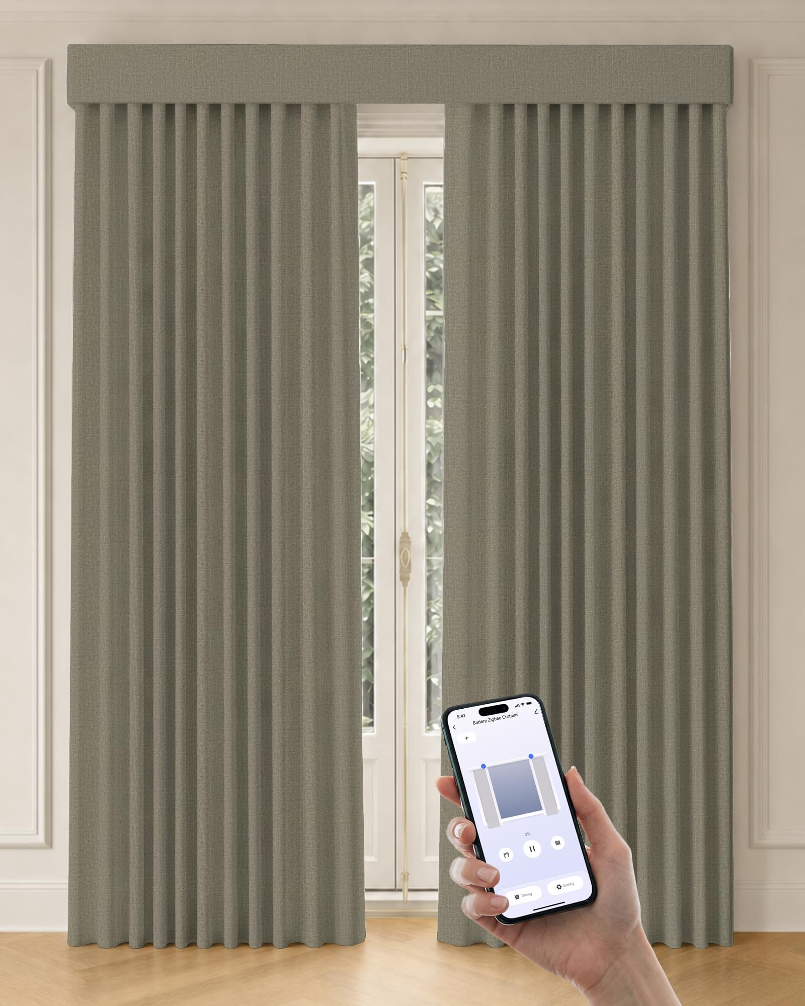 Graywind Motorized Curtains with Track, Room Darkening Smart Curtains, Rechargeable Curtains Compatible with Alexa &amp; Remote Control for Large Windows, Custom Drapes Up to 220", Haven (Brown)
