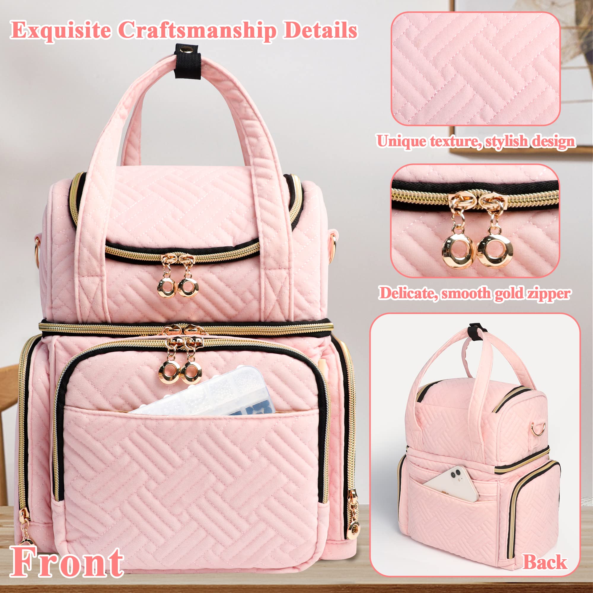 ahzske Nail Polish Organizer Holds 70 Bottles and a Nail Lamp, Nail Bag with 2 Removable Bags and Tools Storage Pockets for Nail Tech, Travel Nail Polish Case (Patent Pending), Pale Pink