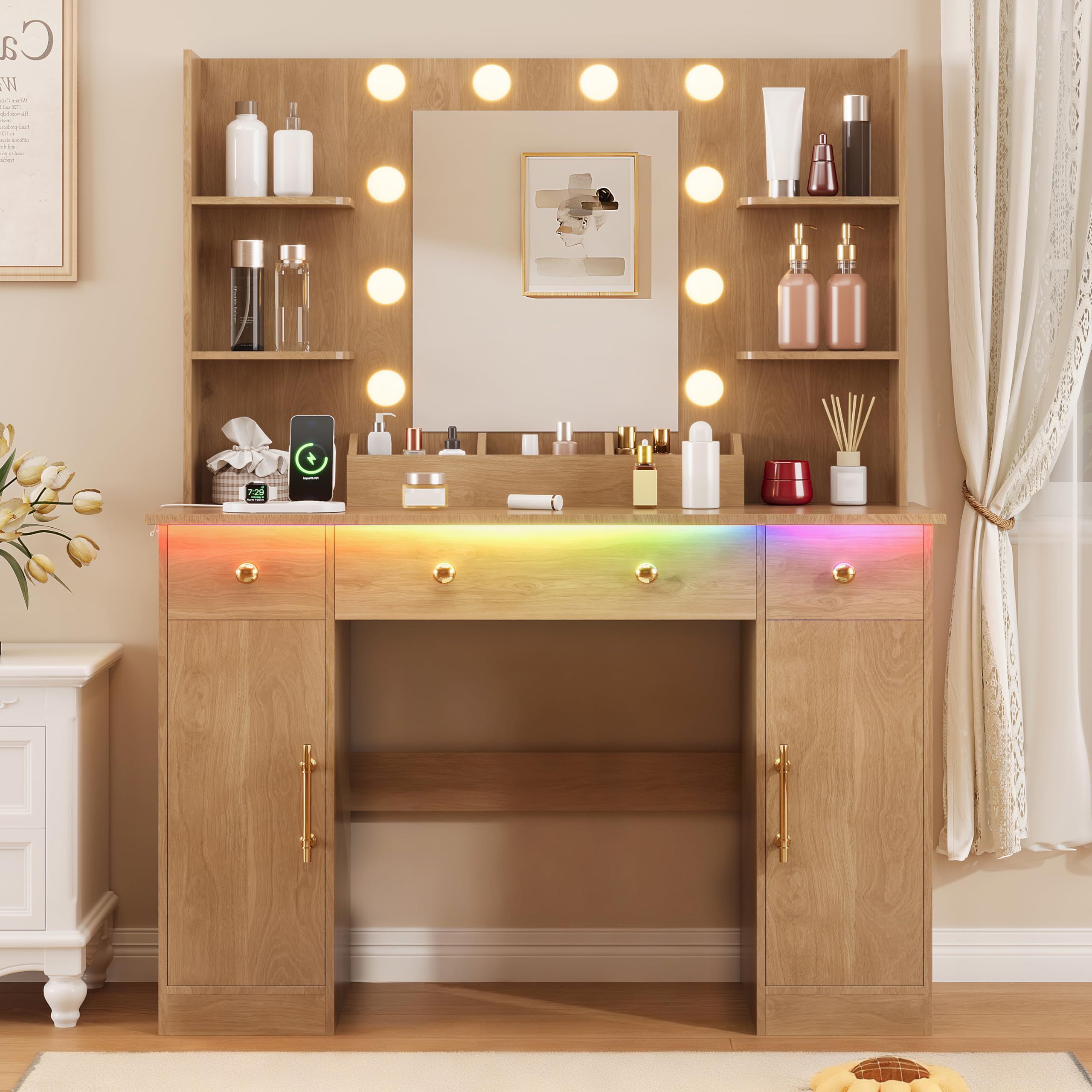 HUANLEGO Vanity Desk with Mirror and LED Lights & Strips for Girls, Oak | Makeup Vanity Mirror with Lights & Power Outlet, 3 Drawers and Cabinets, 3 Lighting Modes, Dressing Table Set for Bedroom
