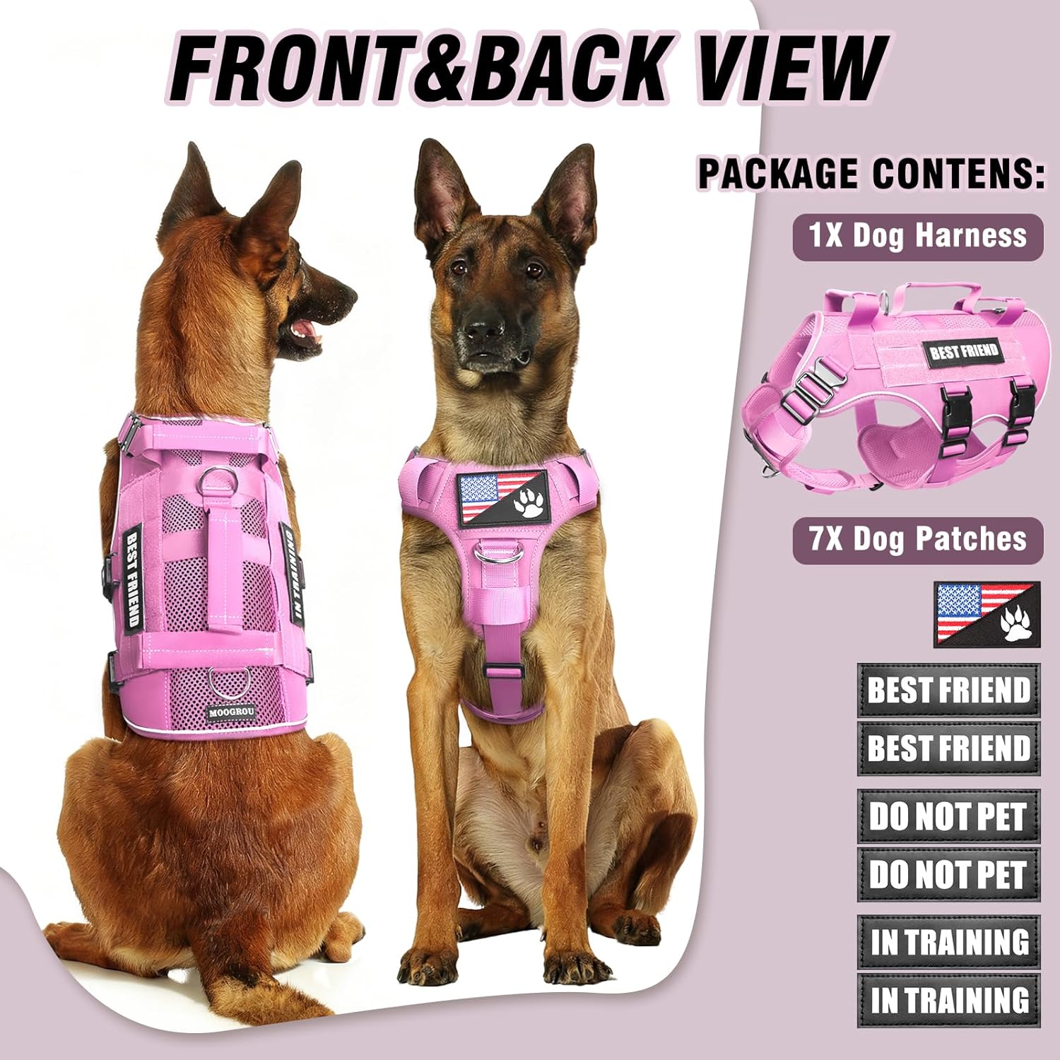 Tactical Dog Harness Medium Sized Dog with Metal Buckles,Breathable Air Mesh Service Dog Vest,Military Molle Harness with 3 Durable Handles for Training Hiking Hunting Working Pink M