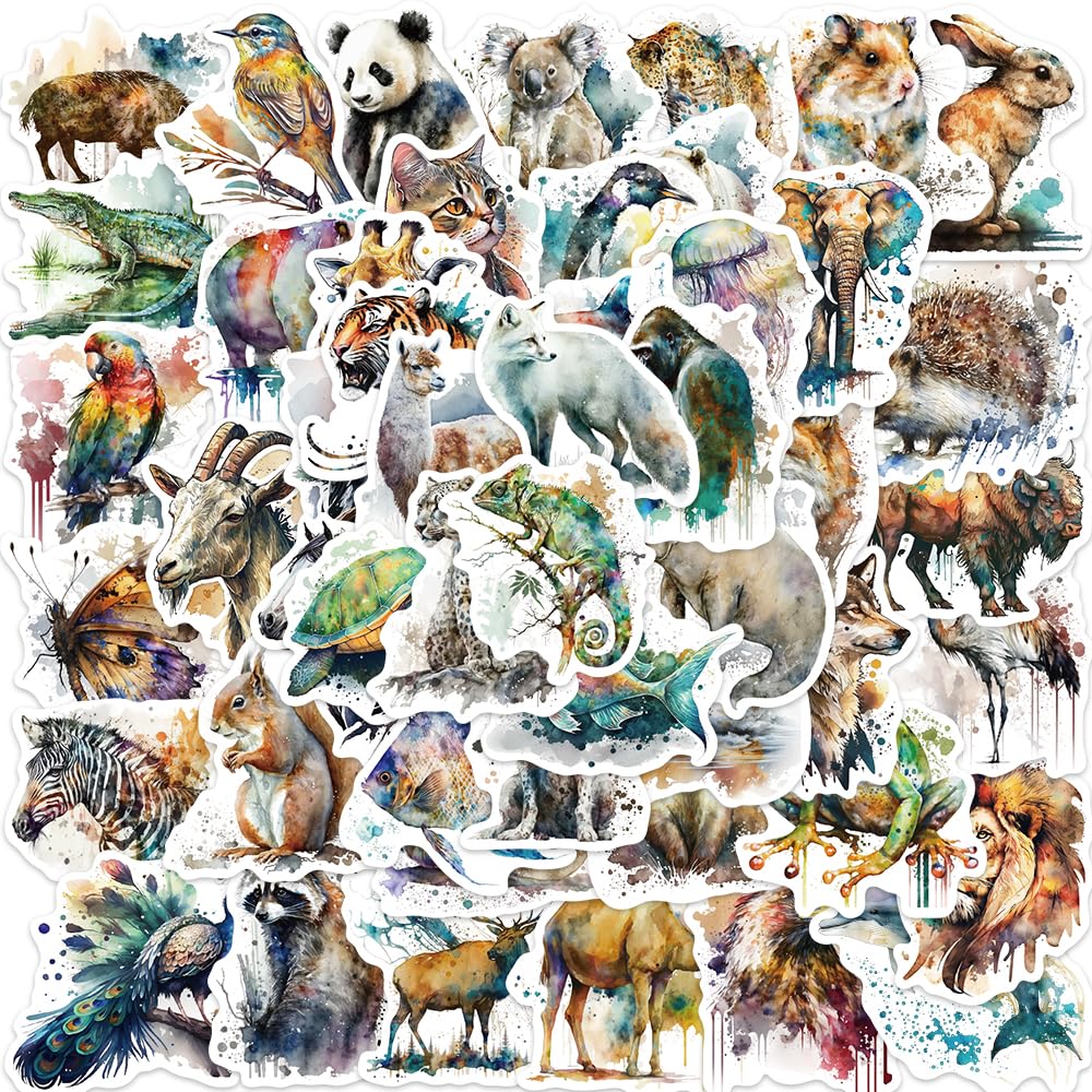 50Pcs Cute Animal Stickers for Water Bottles, Waterproof Vinyl Graffiti Stickers for Hydro Flask Laptop Suitcase Scrapbook Party Supplies, Watercolour Animal Stickers for Teens and Adults