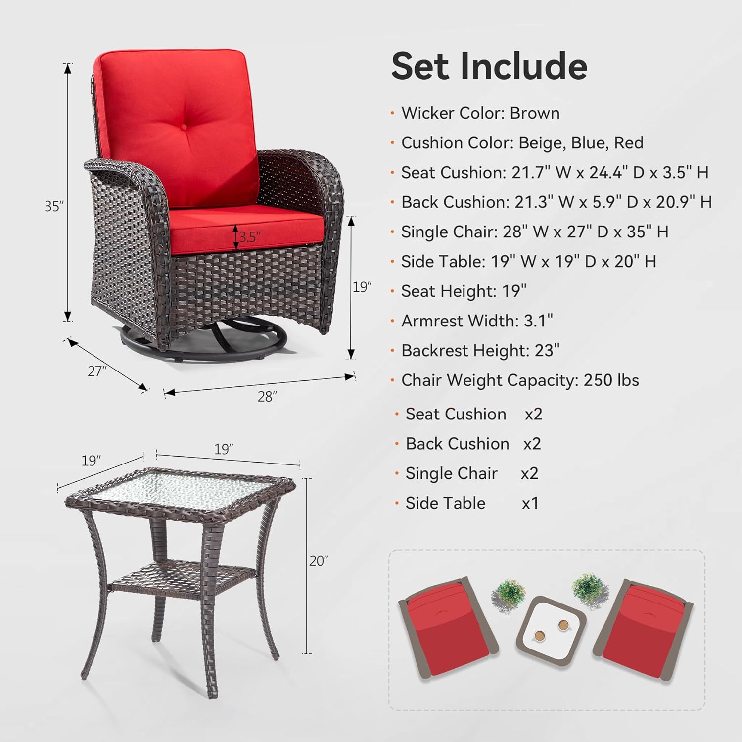 Wicker Chairs - Outdoor Rocking Chairs Set of 4 with 2 Wicker Side Tables, Patio Swivel Rocker Chair 6 Piece Patio Furniture Sets for Porch Deck (Brown/Red)
