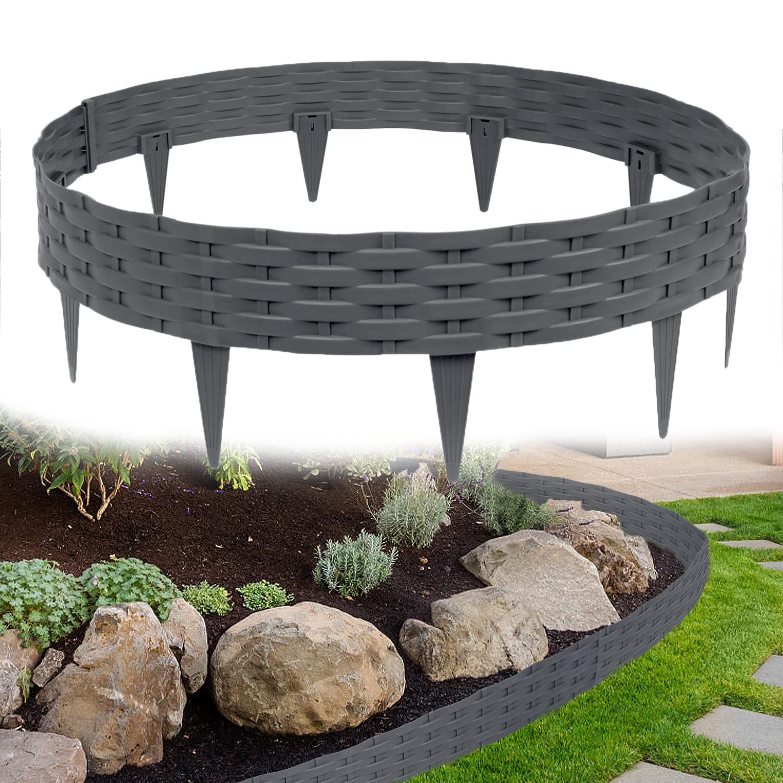 LARS360 Gartenpalisade Anthrazit - 10m Steinmatter Beeteinfassung, 25x23cm