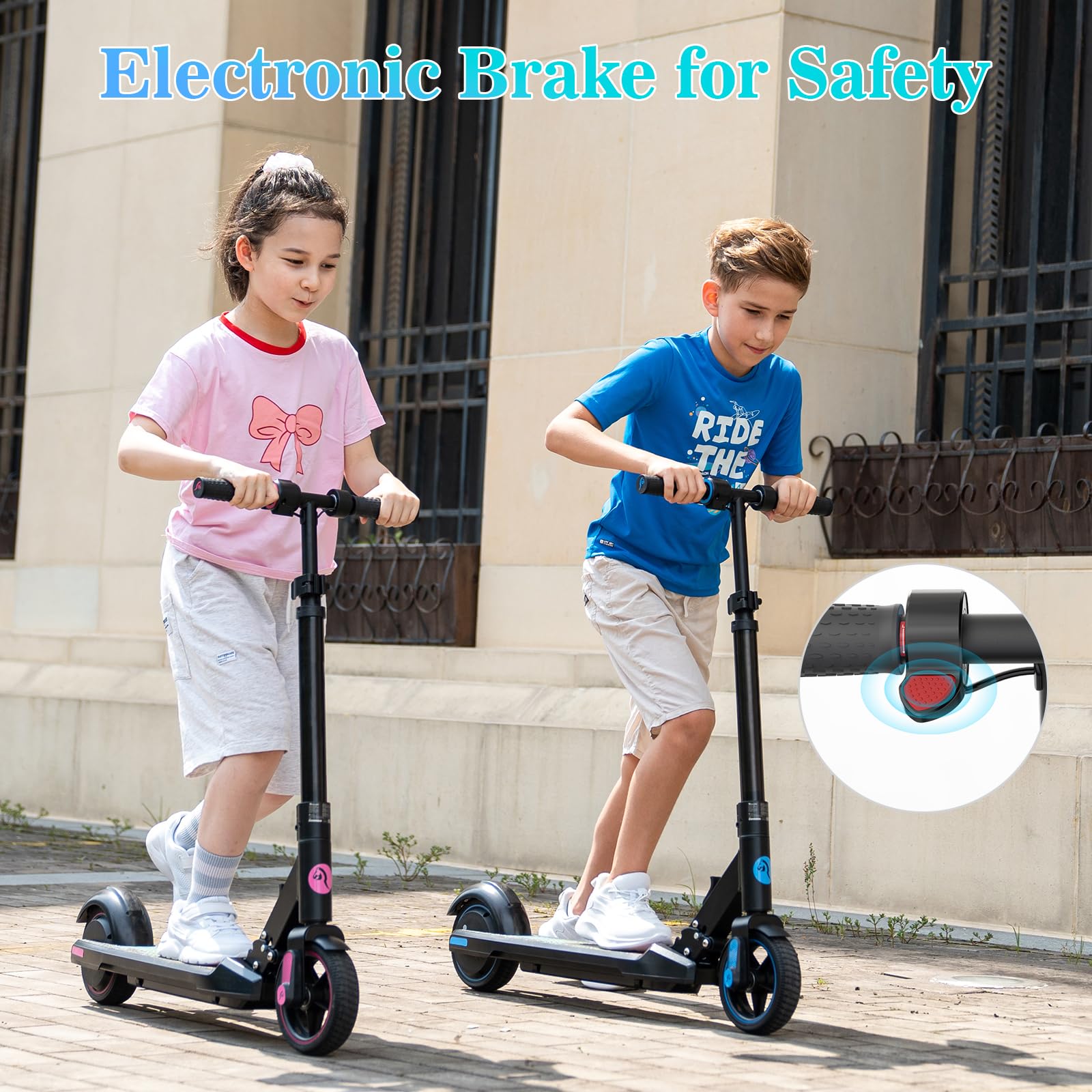 scoot4kids Monopattino elettrico per bambini, 6-12 anni, motore 130W, velocità max 14 km/h, autonomia 8 km, luci LED colorate, design pieghevole