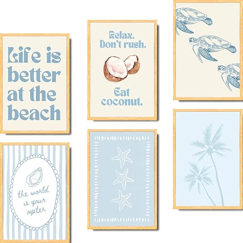 6Pcs Coastal Beach Poster Wall Art,Blue Preppy Beach Painting Picture Wall Decor