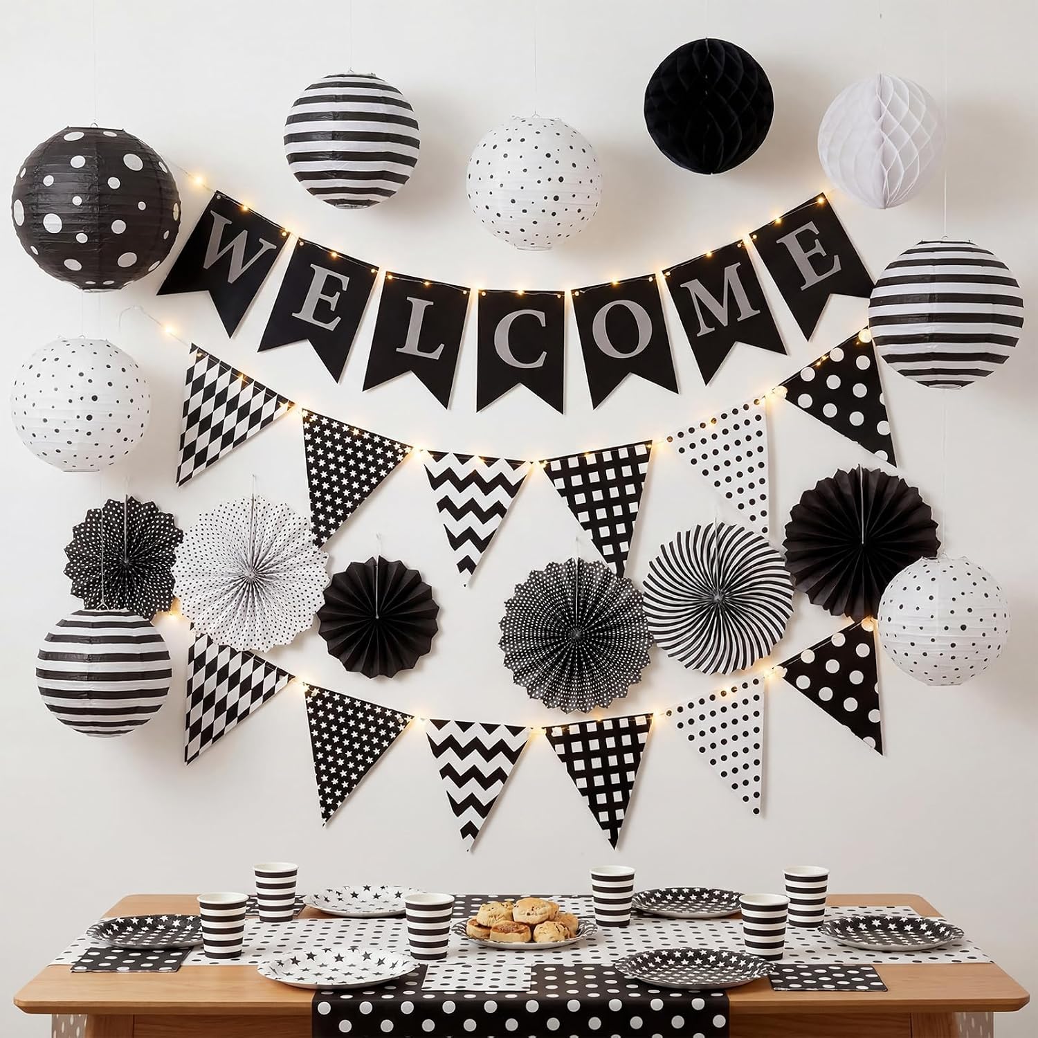21 Pcs Composition Notebooks Classroom Decor Black White Polka Dot | Back to School Welcome Banner Hanging Polka Dots Stripe Paper Lanterns Fans Honeycomb Balls Flag for classroom Party Decor