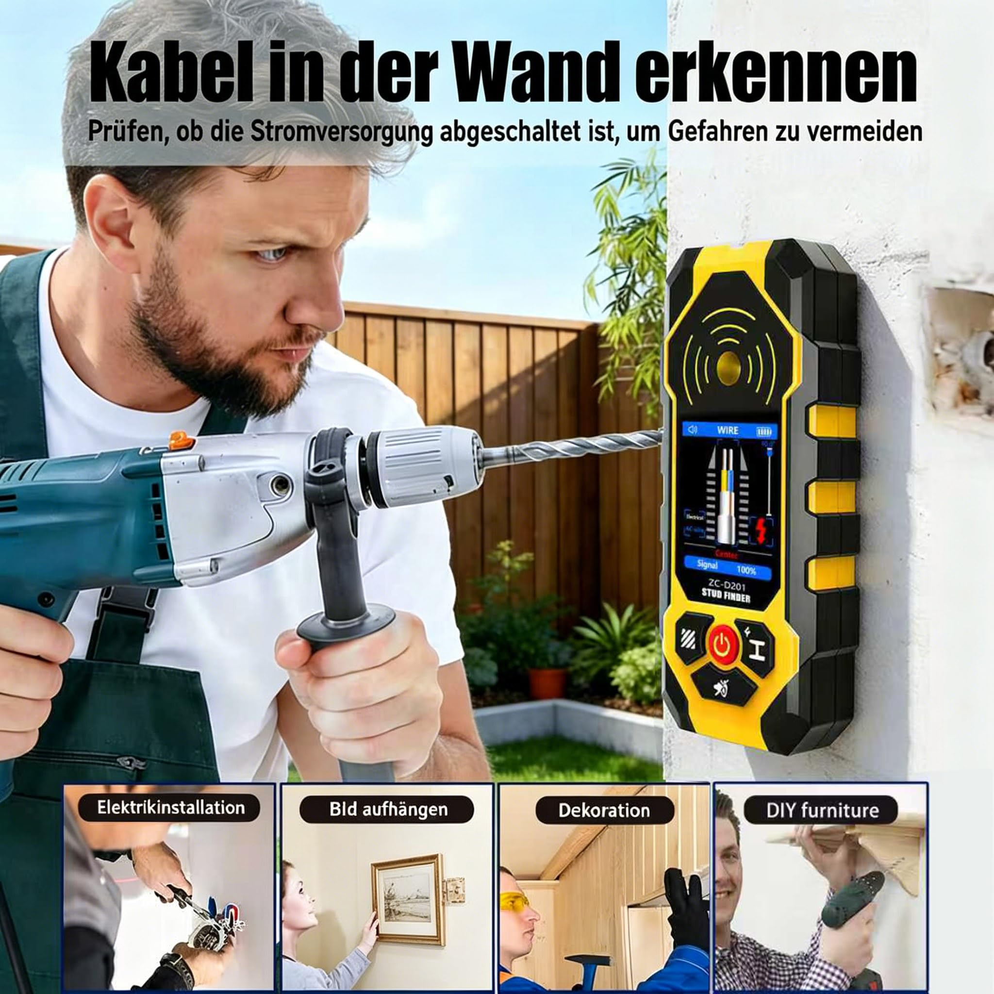 Ortungsgerät Leitungssucher 4 in1 Professioneller Multifunktionaler Wand Scanner Detektor für Holz, Metalle, Nichteisenmetalle, Kabel, mit Akustischer und Visueller Anzeige ZC-D201
