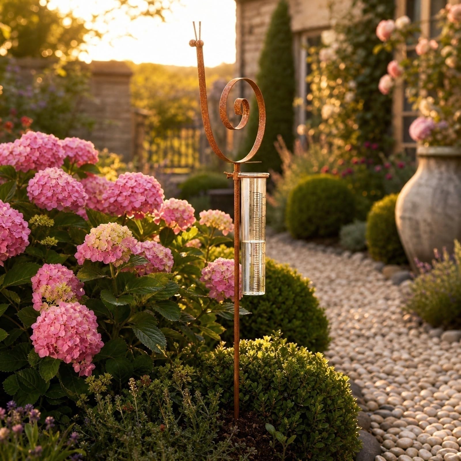 Gartenstecker Rost Regenmesser Schnecke, Gartendeko für Draußen Wetterfest Edelrost Niederschlagsmesser mit Messglas, Rustikale Gartendeko Rost Metall Tierfigur für Beet Balkon Rasen, 93cm (A)