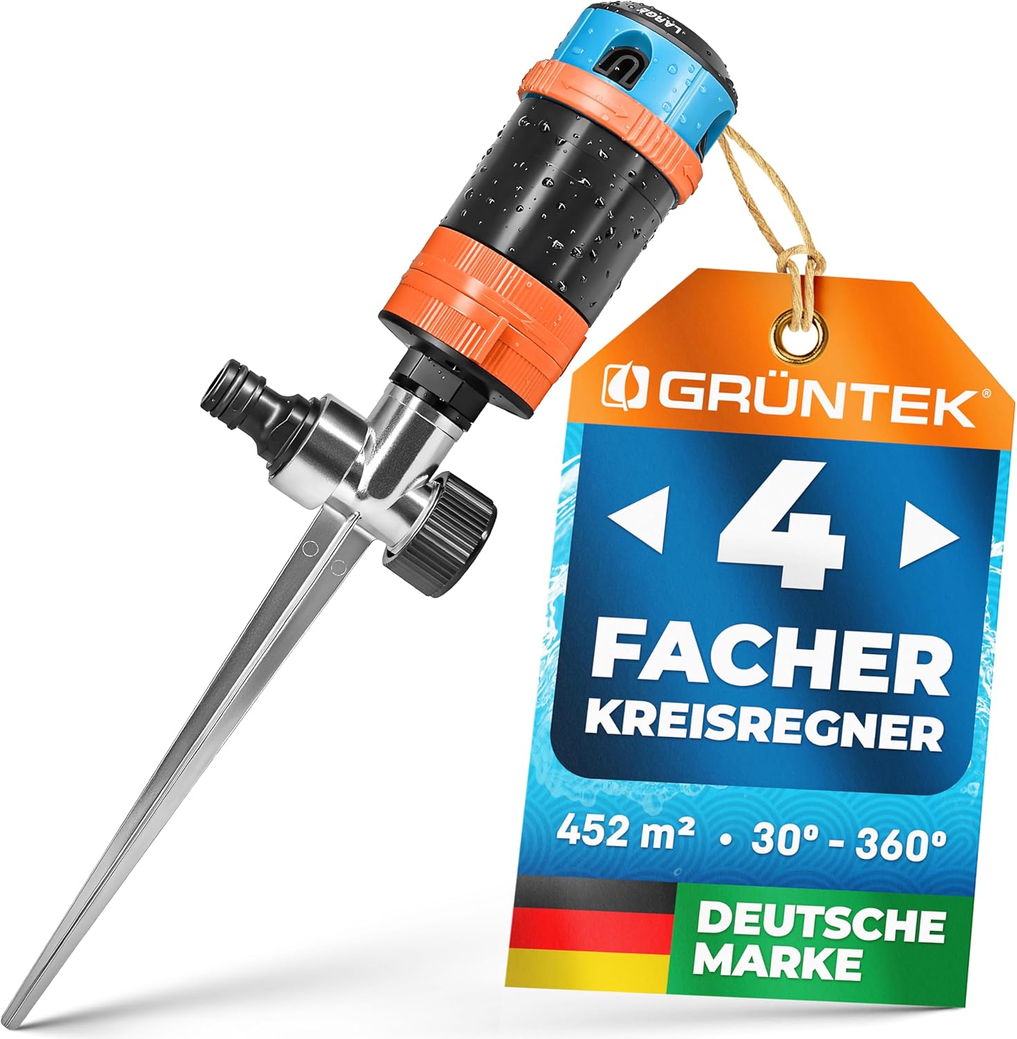 GRÜNTEK 4-facher Multifunktions-Kreisregner bis 452 qm. Großflächiger Sprinkler Rasensprenger mit Sektoreinstellung 30°- 360° optimale Garte