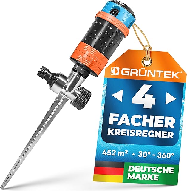 GRÜNTEK GRÜNTEK 4-facher Multifunktions-Kreisregner bis 452 qm. Großflächiger Sprinkler Rasensprenger mit Sektoreinstellung 30°- 360° optimale Garte — Rasensprenger